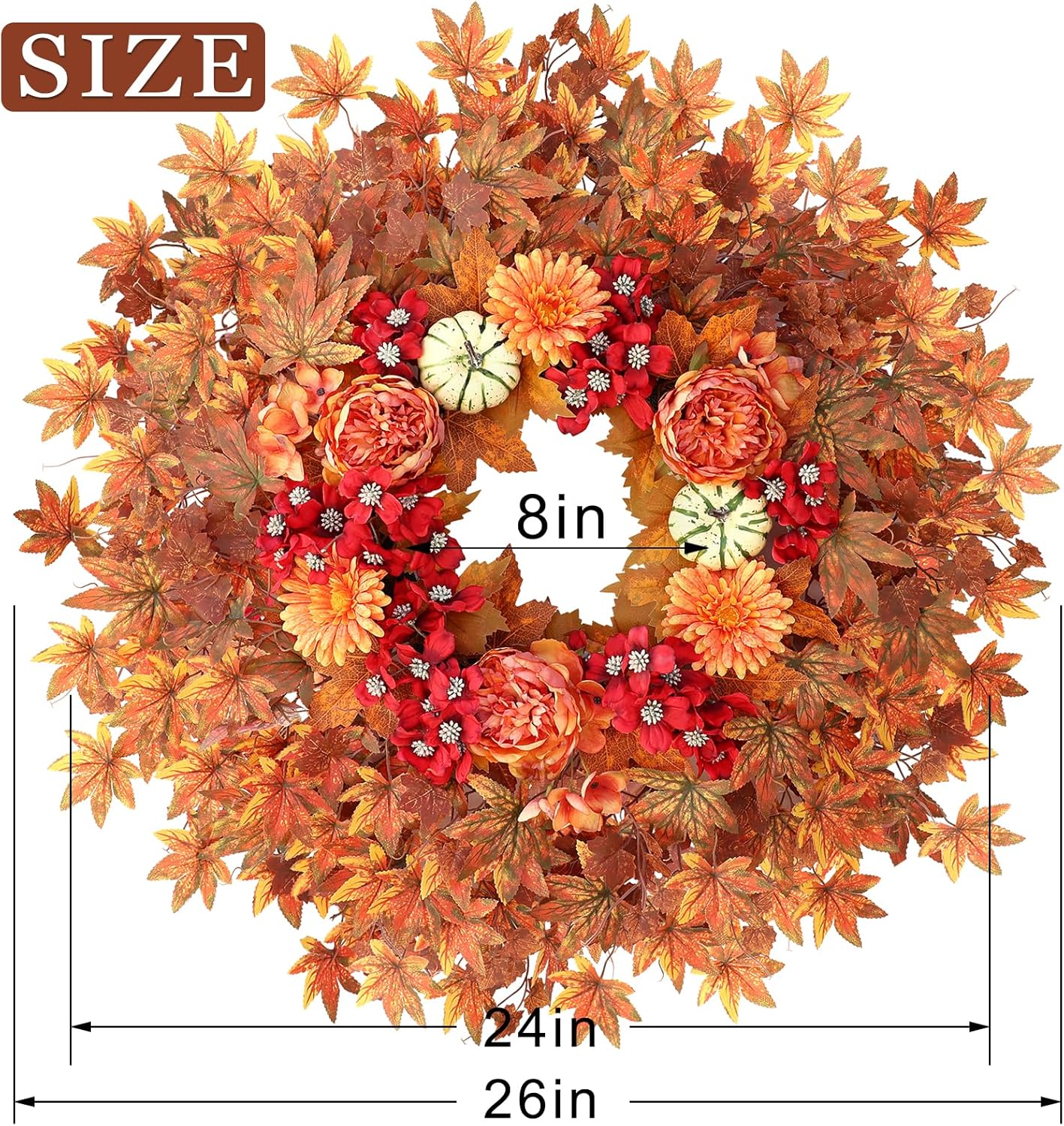 26 Fall Wreath for Front Door - Decorative Artificial Autumn Decor