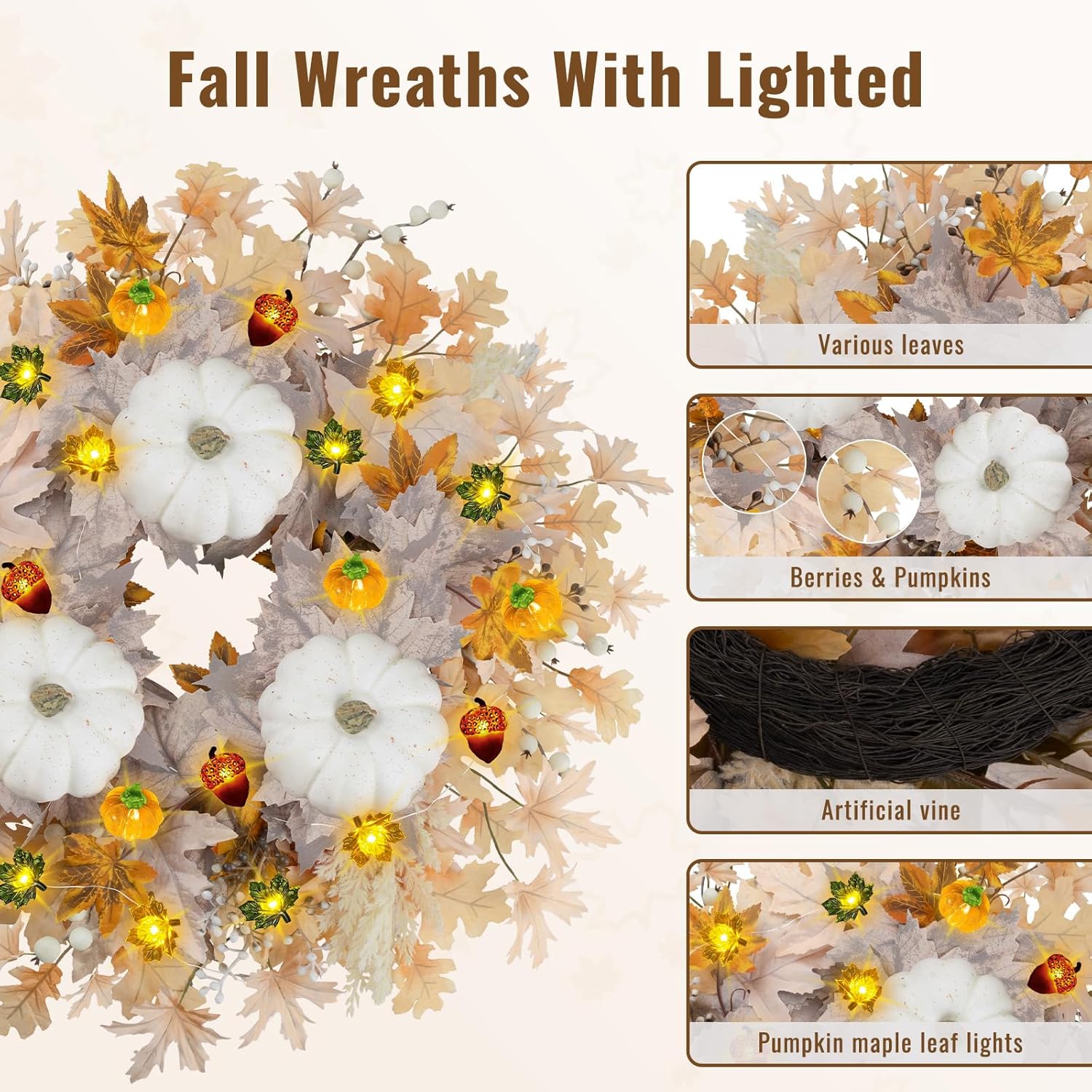 26 Inch Fall Wreath with Lights for Front Door