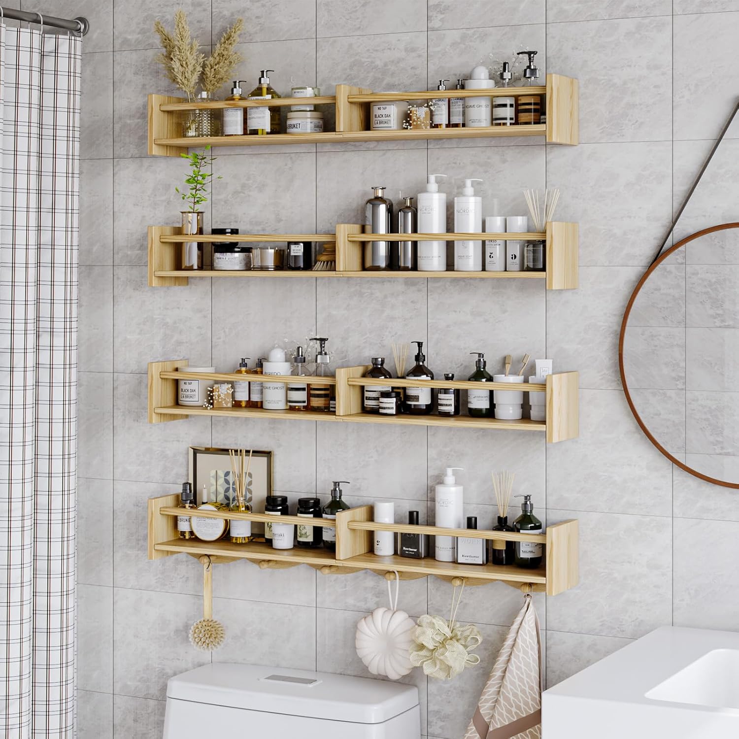 34 Inch Floating Bookshelf with 6 Hooks and Storage