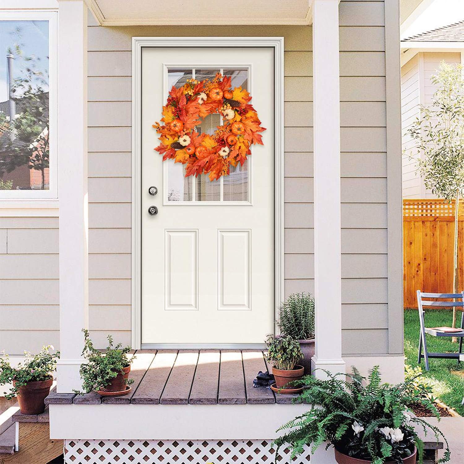 DearHouse 22 Inch Fall Wreath with Pumpkins and Maple Leaves