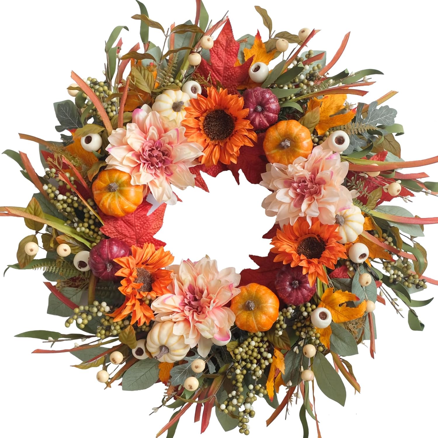 24 Inch Autumn Wreath with Sunflowers and Pumpkins