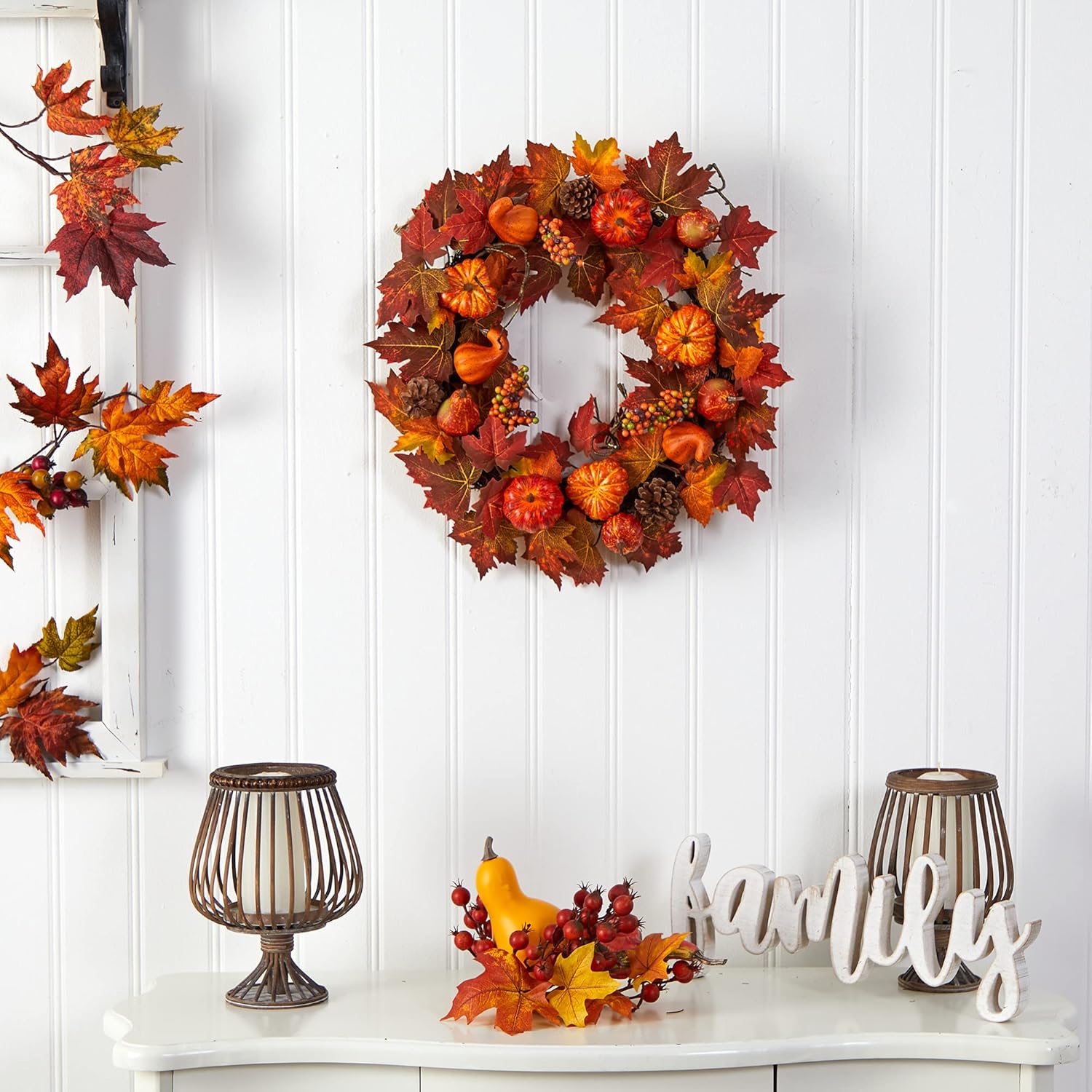 Nearly Natural 24in Autumn Maple Leaves Wreath