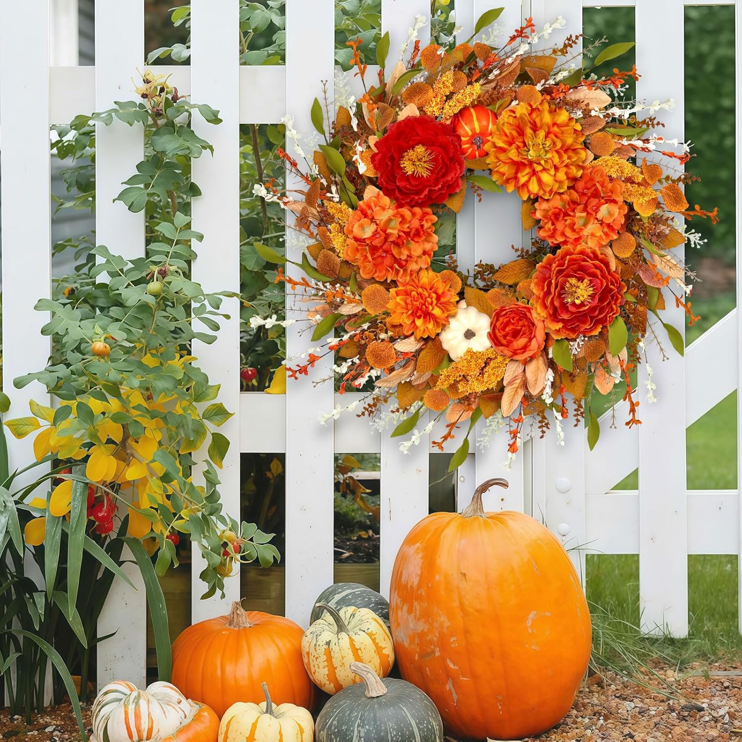 ICX 24-26 Inch Fall Wreath with Pumpkin Peonies Hydrangea