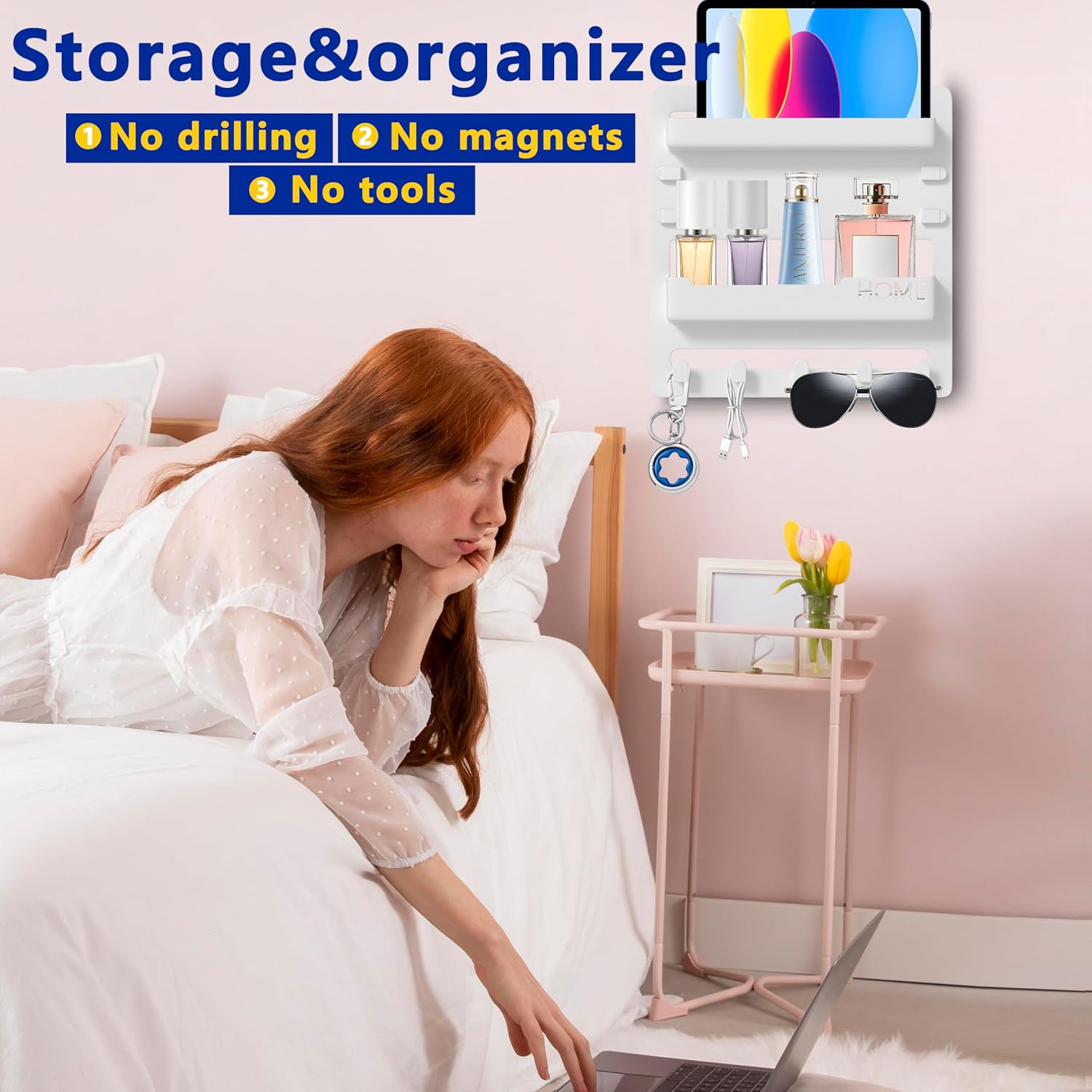 Epritliber Floating Bedside Shelf Organizer - 5 Hooks and Cable Clips - 9x94 Inch - White