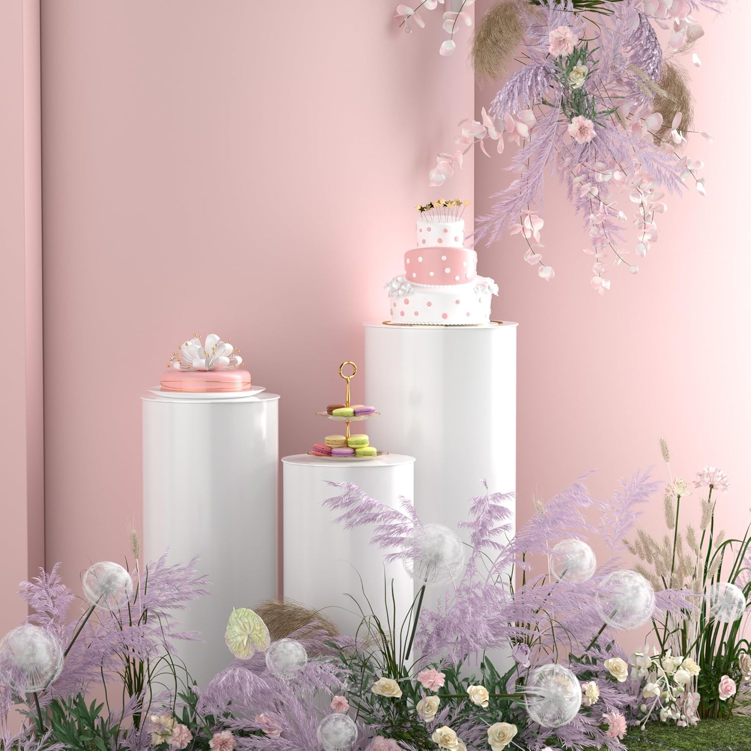 Toosci 3 Piece White Cylinder Display Stand Set for Party Decor