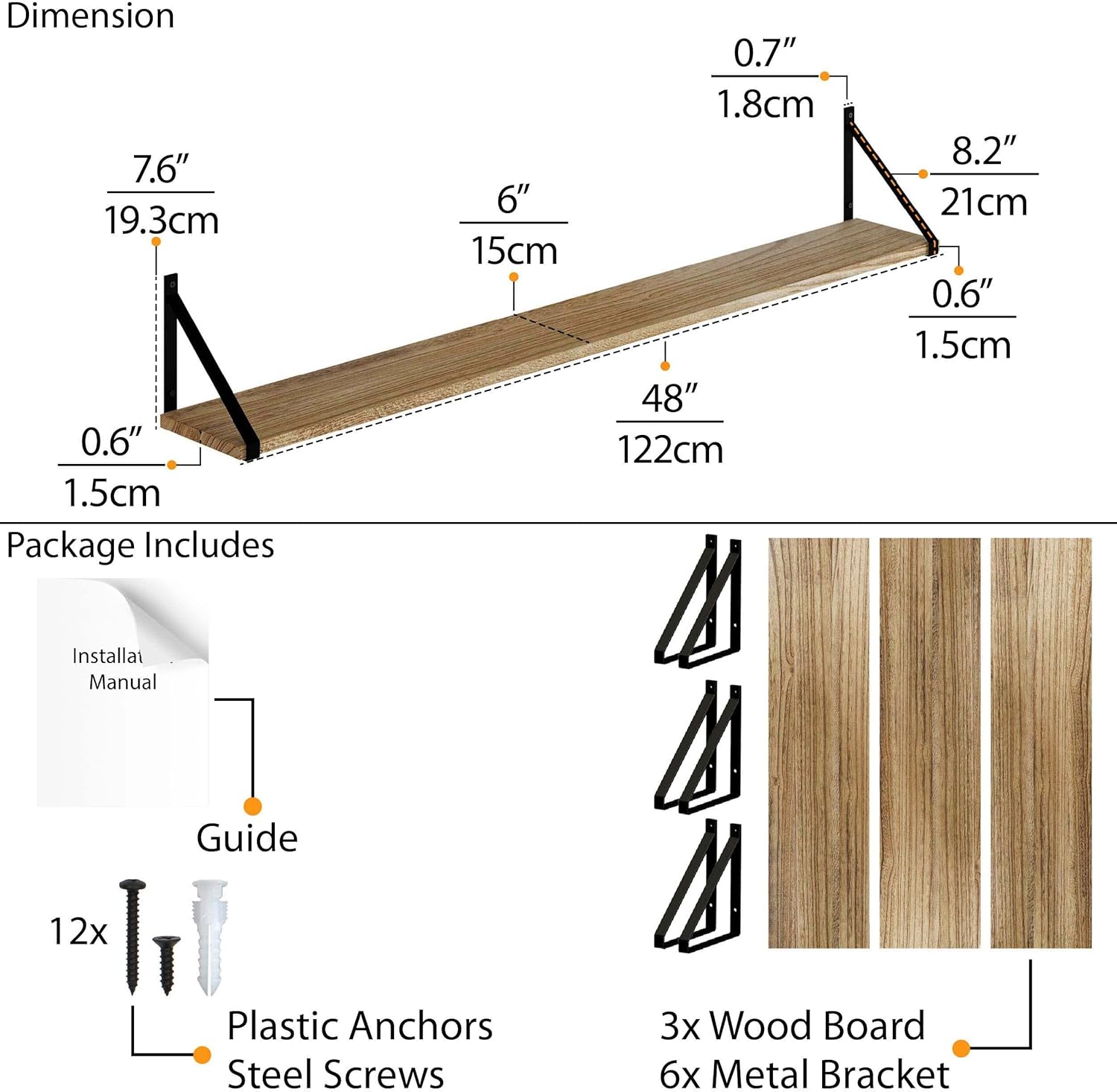 Wallniture Bora Wall Shelves Set of 3 48x6