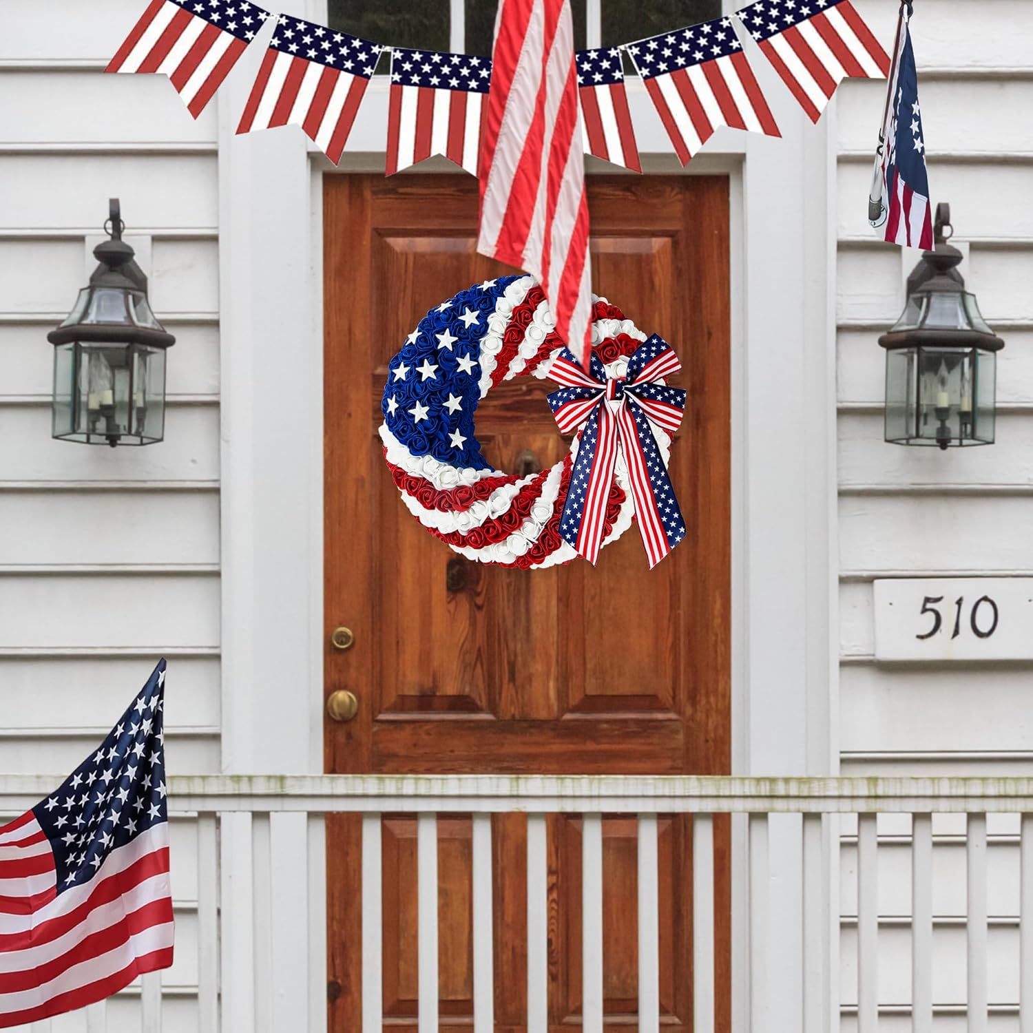 14 Inch 4th of July Patriotic Wreath with Artificial Roses