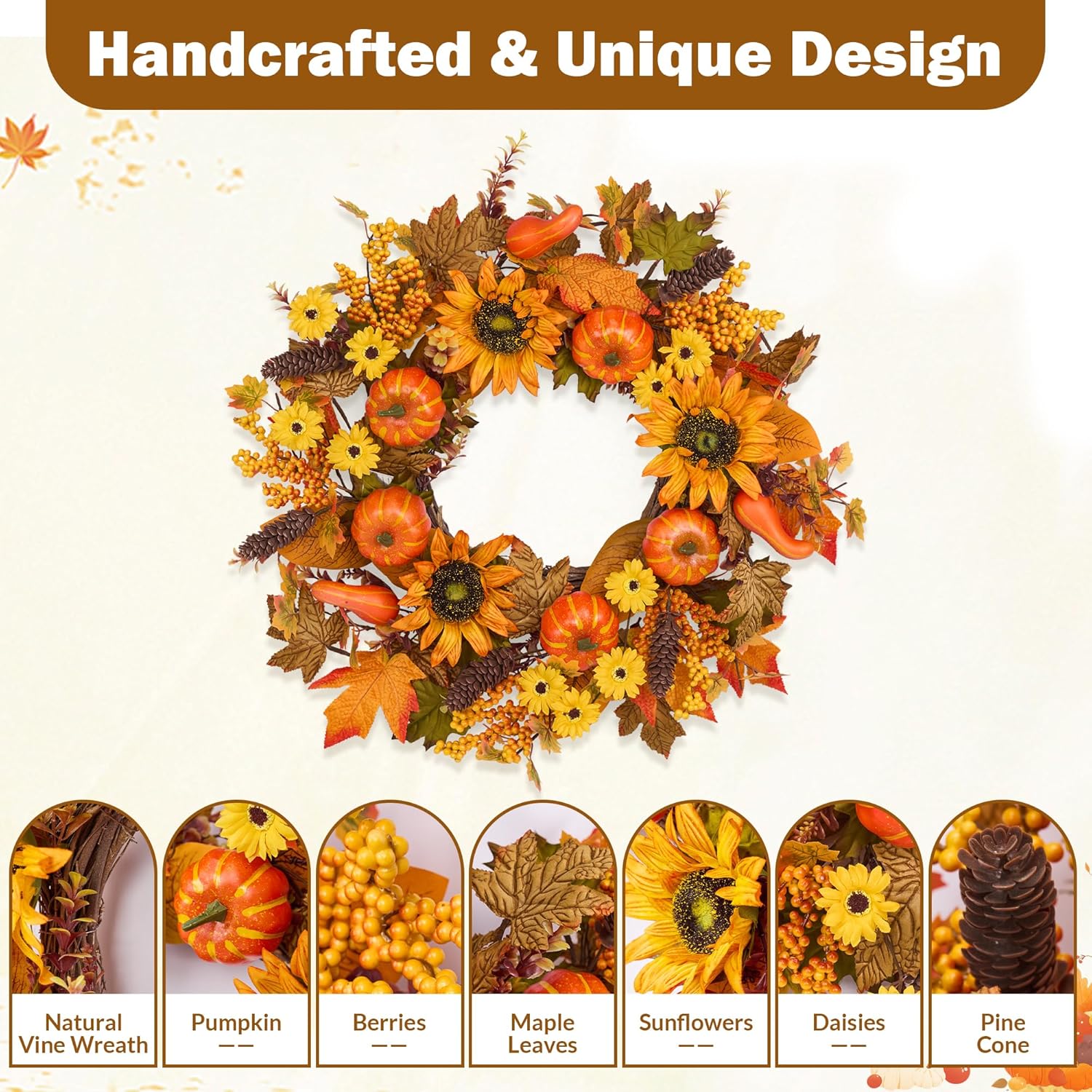 24 Inch Fall Wreath for Front Door Pumpkin Autumn Decor with Silk Leaves