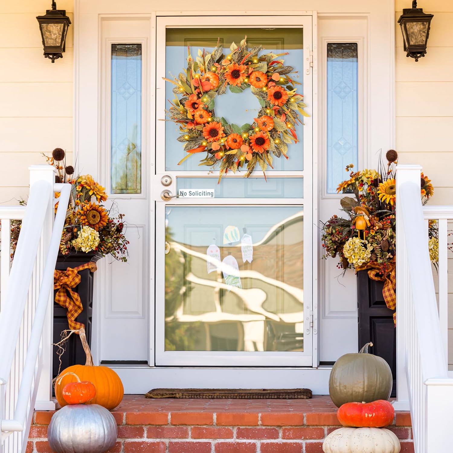 Sggvecsy 24 Inch Fall Wreath with Pumpkins and Sunflowers