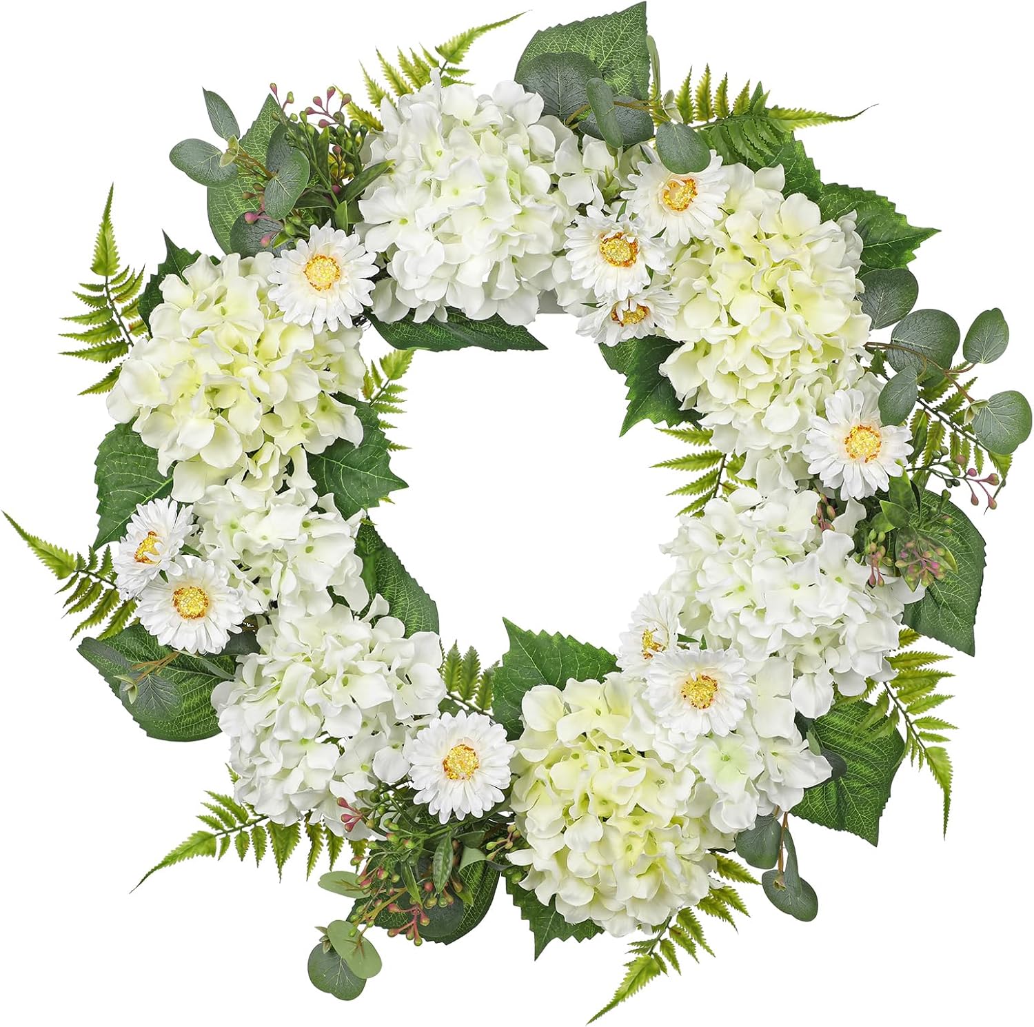 Briful 24 Inch Spring Wreath Realistic White Hydrangea Artificial Decor