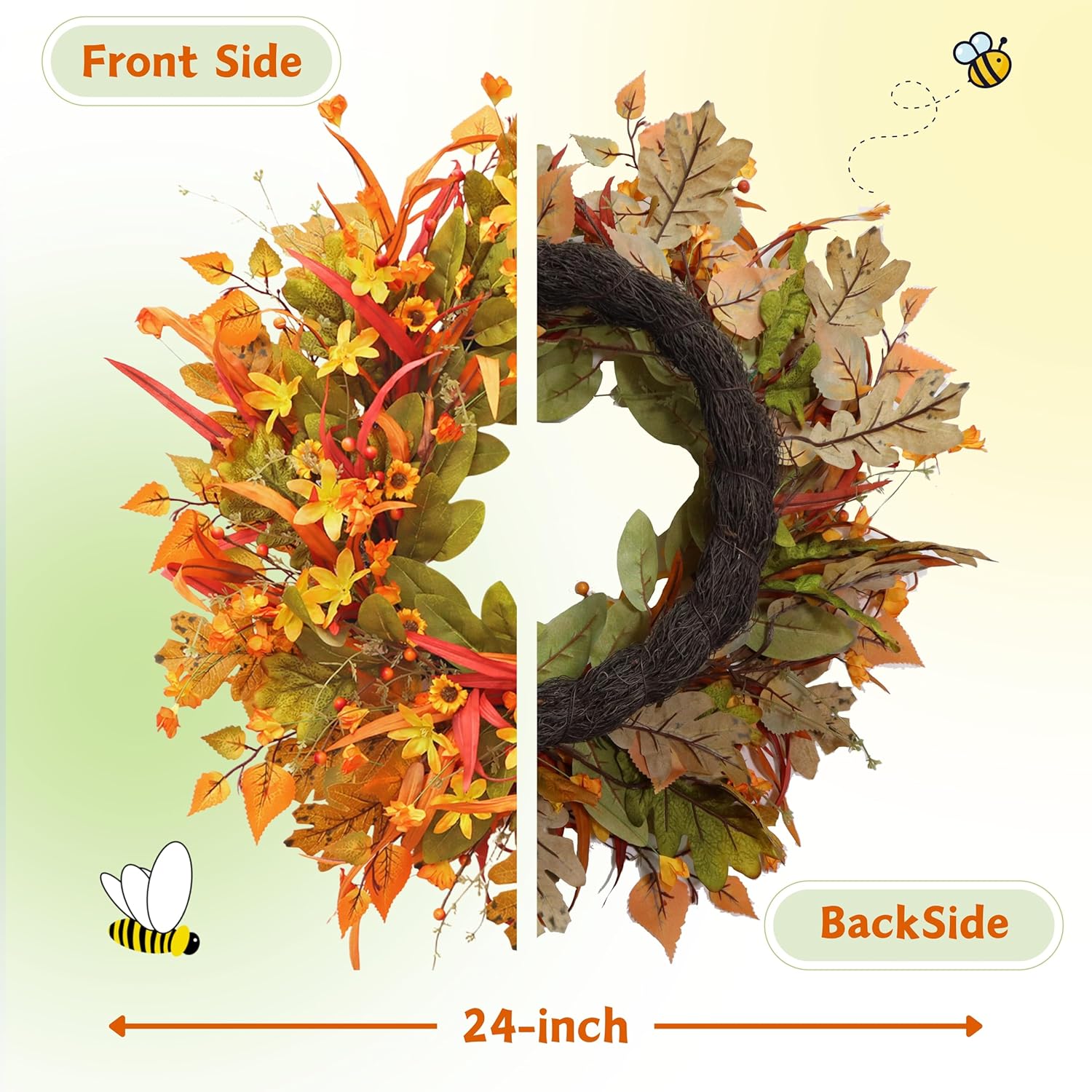 24 Inch Fall Wreath Front Door Decor with Berries and Leaves