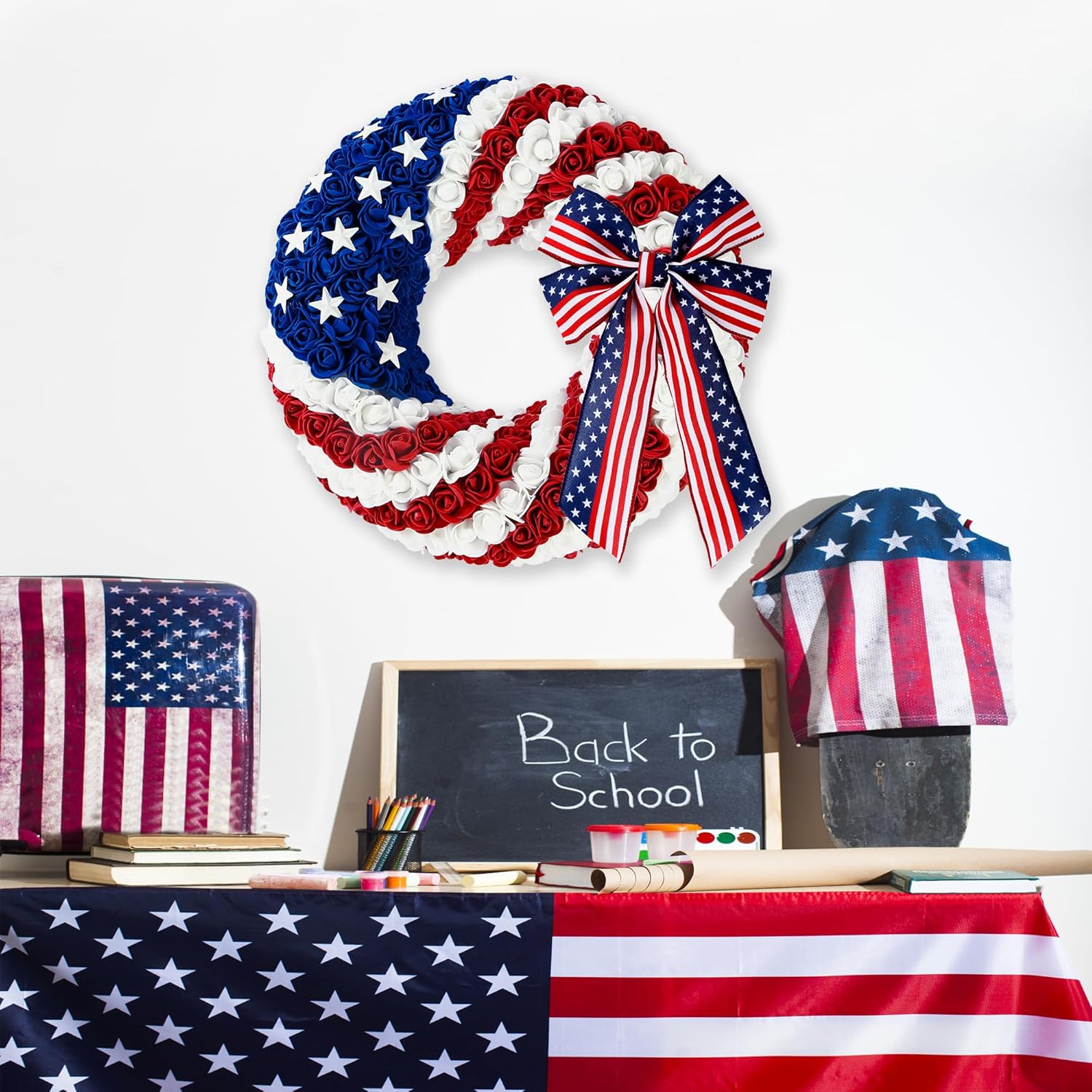 14 Inch 4th of July Patriotic Wreath with Artificial Roses