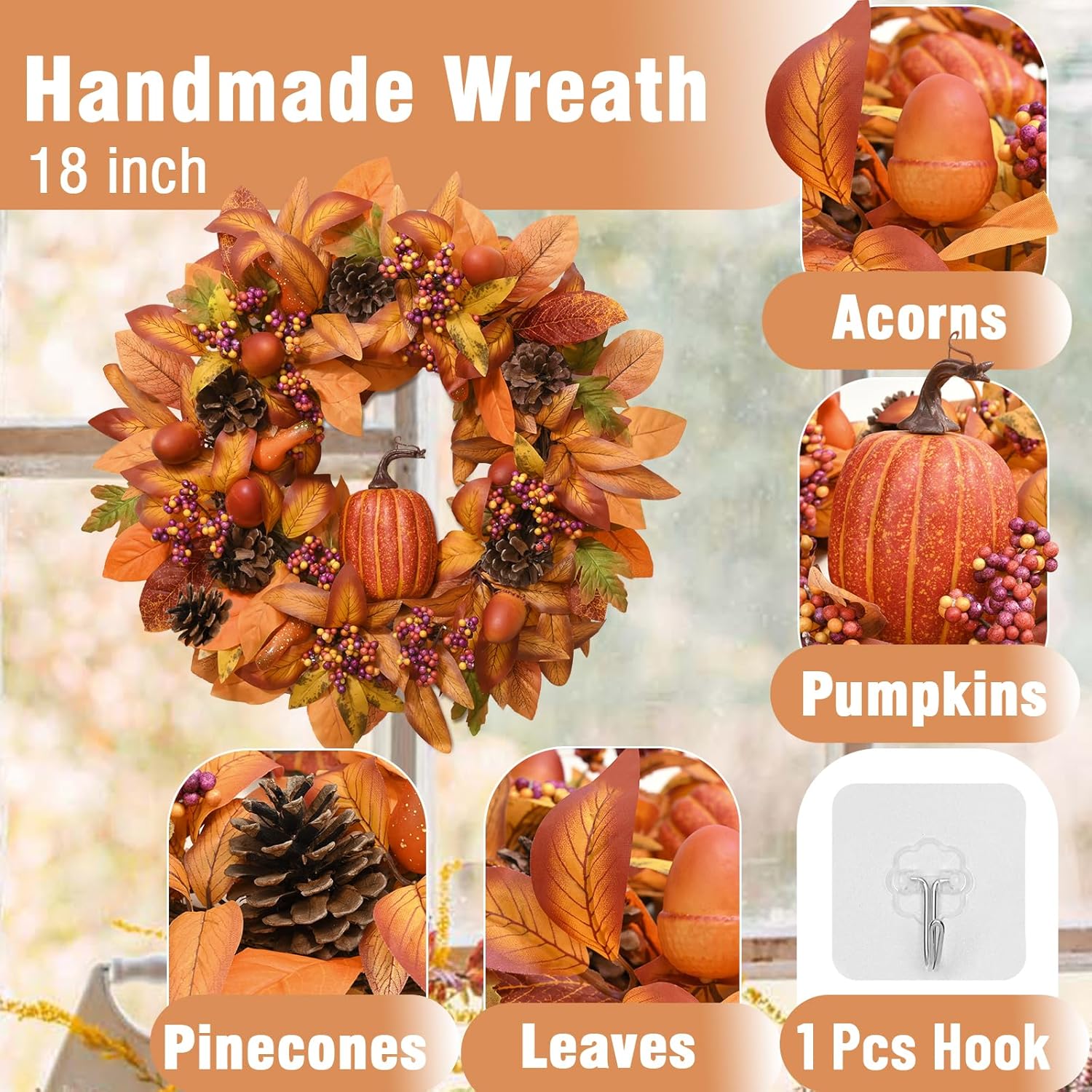 Fall Wreath with Light - 18 Inch Autumn Decor for Front Door