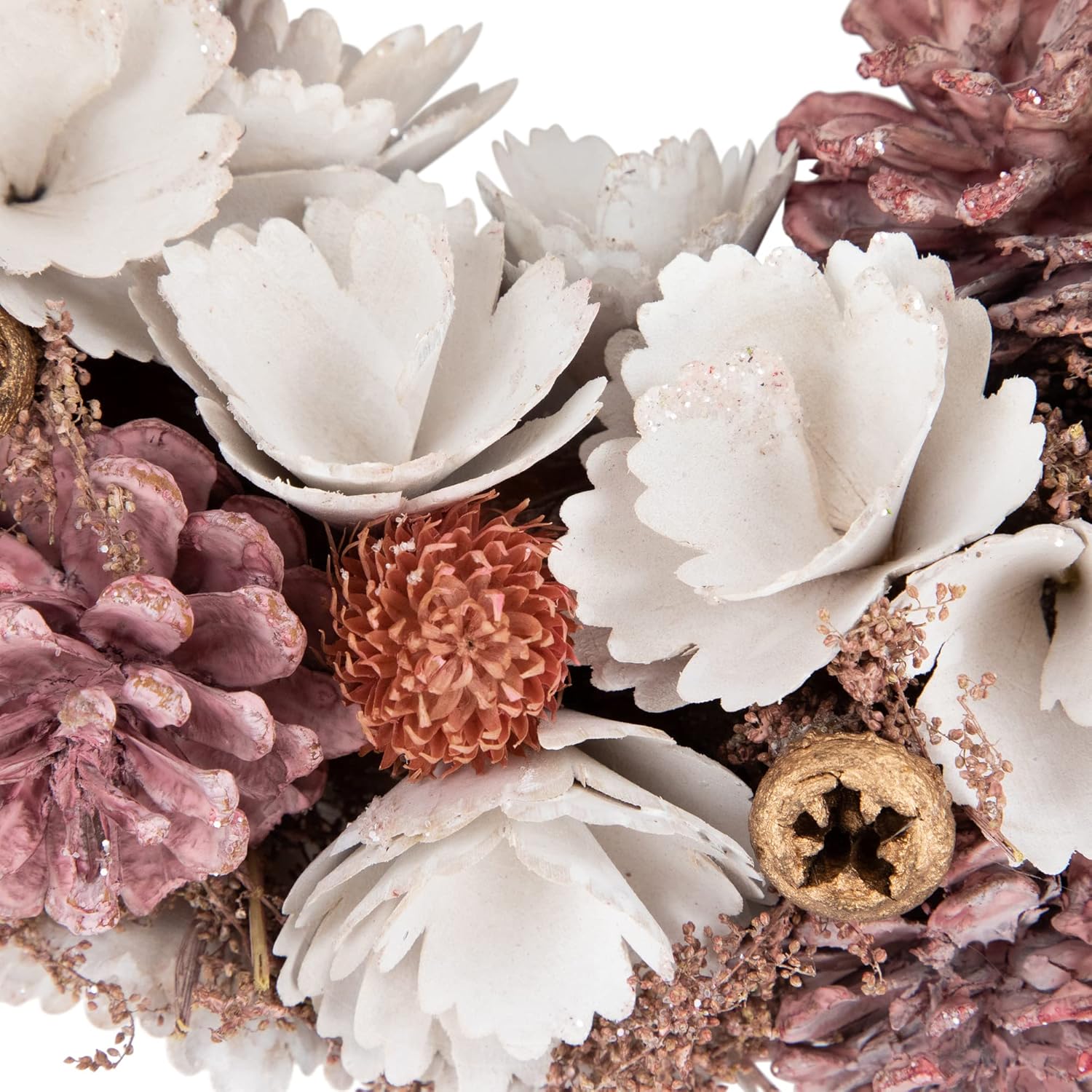 Northlight 13 Inch White Pink Wooden Floral Christmas Wreath with Pinecones