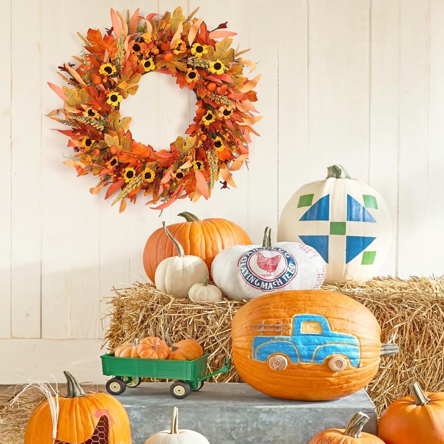 KHOYIME 20 Inch Artificial Autumn Wreath for Front Door