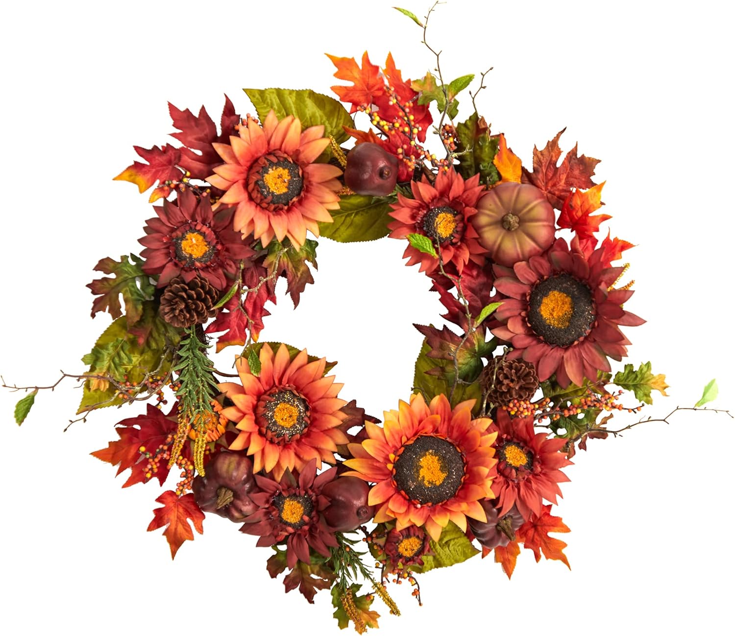 Nearly Natural 24in Autumn Fall Wreath with Sunflowers Pumpkins and Berries