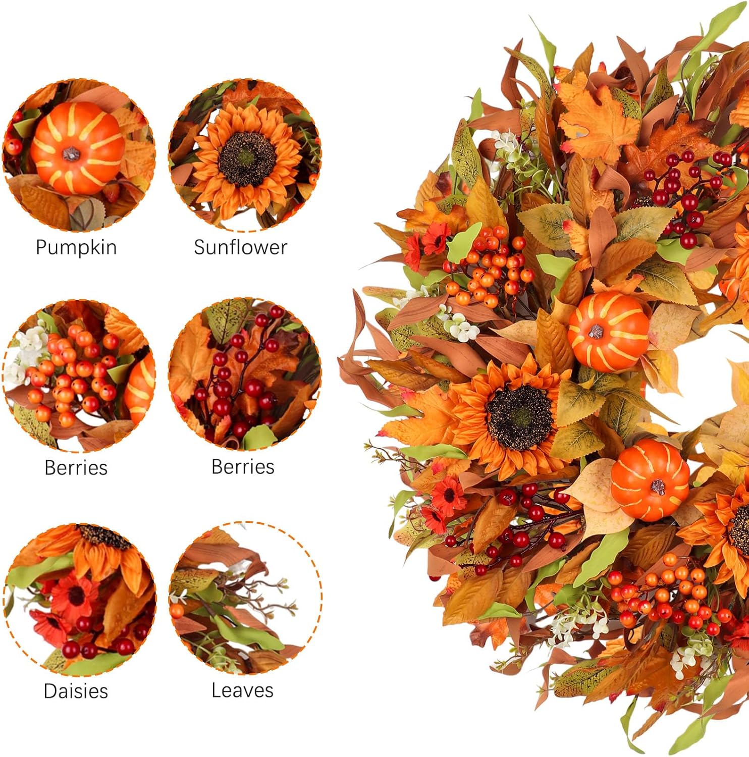 24 Inch Fall Wreath for Front Door Autumn Decor with Pumpkins Sunflowers Daisies Berries