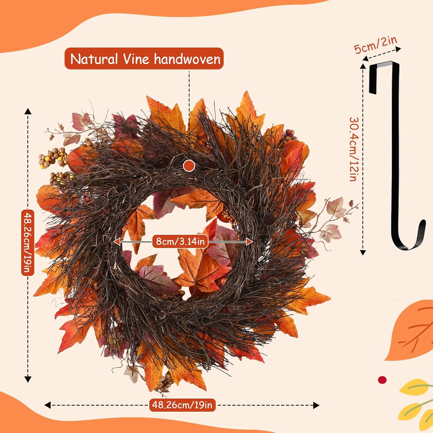 Artificial Fall Wreath for Front Door 19 Inch