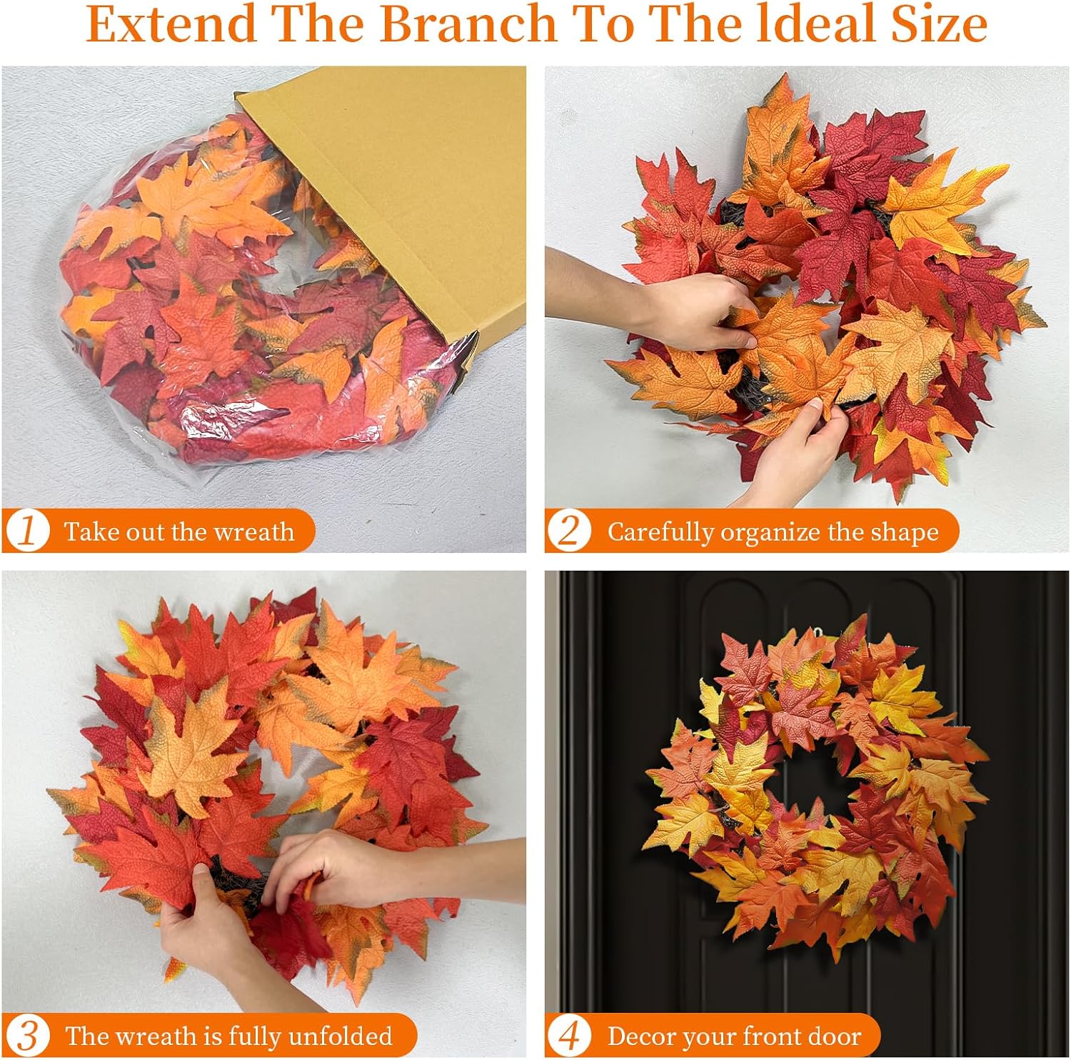 Artificial Fall Wreath for Front Door - 18 Inch Maple Leaf Autumn Decor