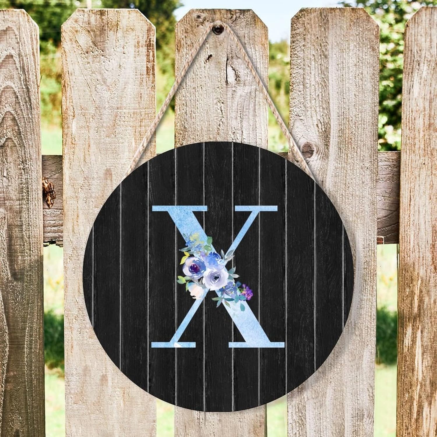Farmhouse Front Door Hanger Watercolor Blue Floral Letter X Wood Sign