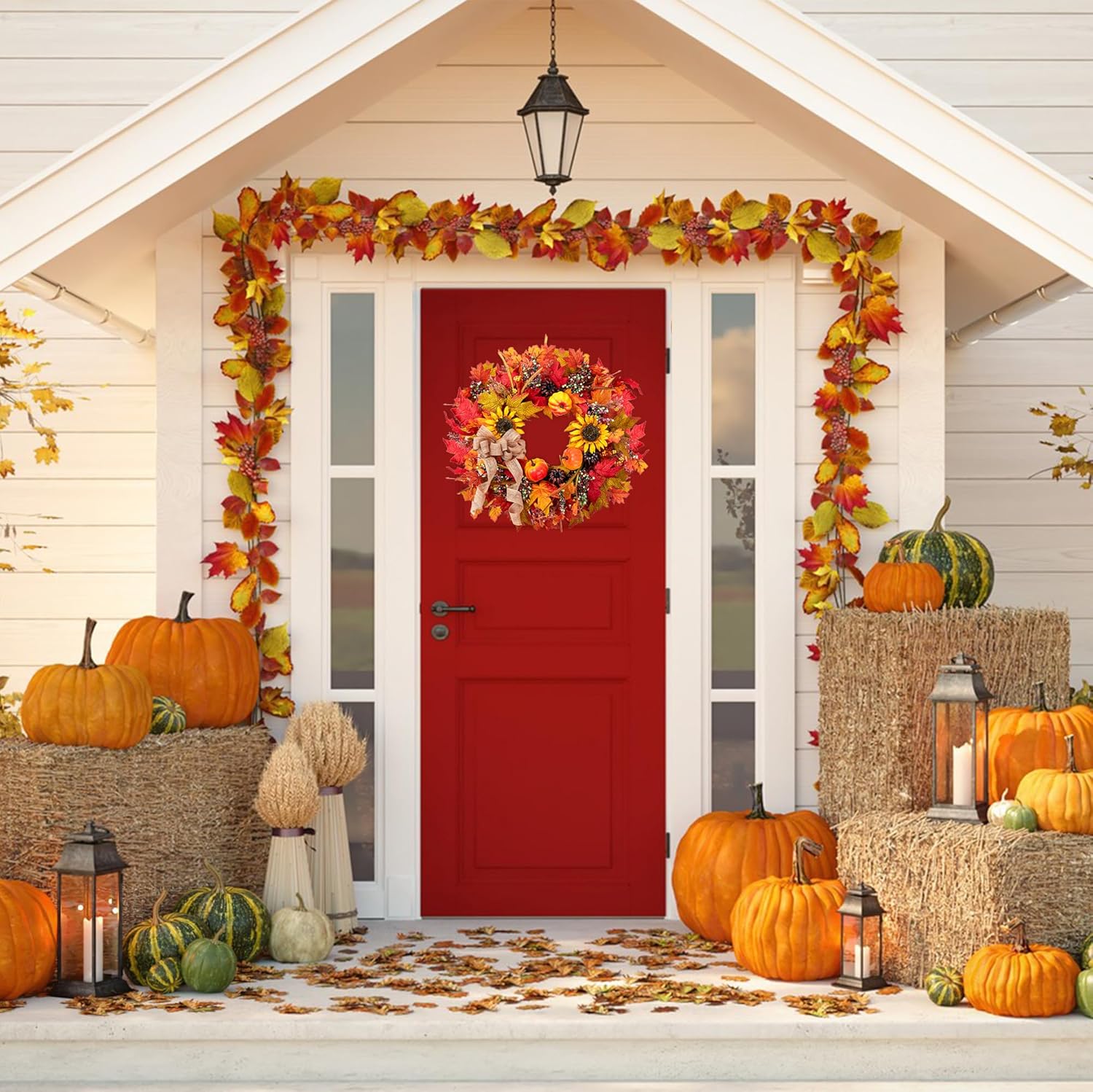 Elegant Fall Wreath for Front Door with Burlap Bow