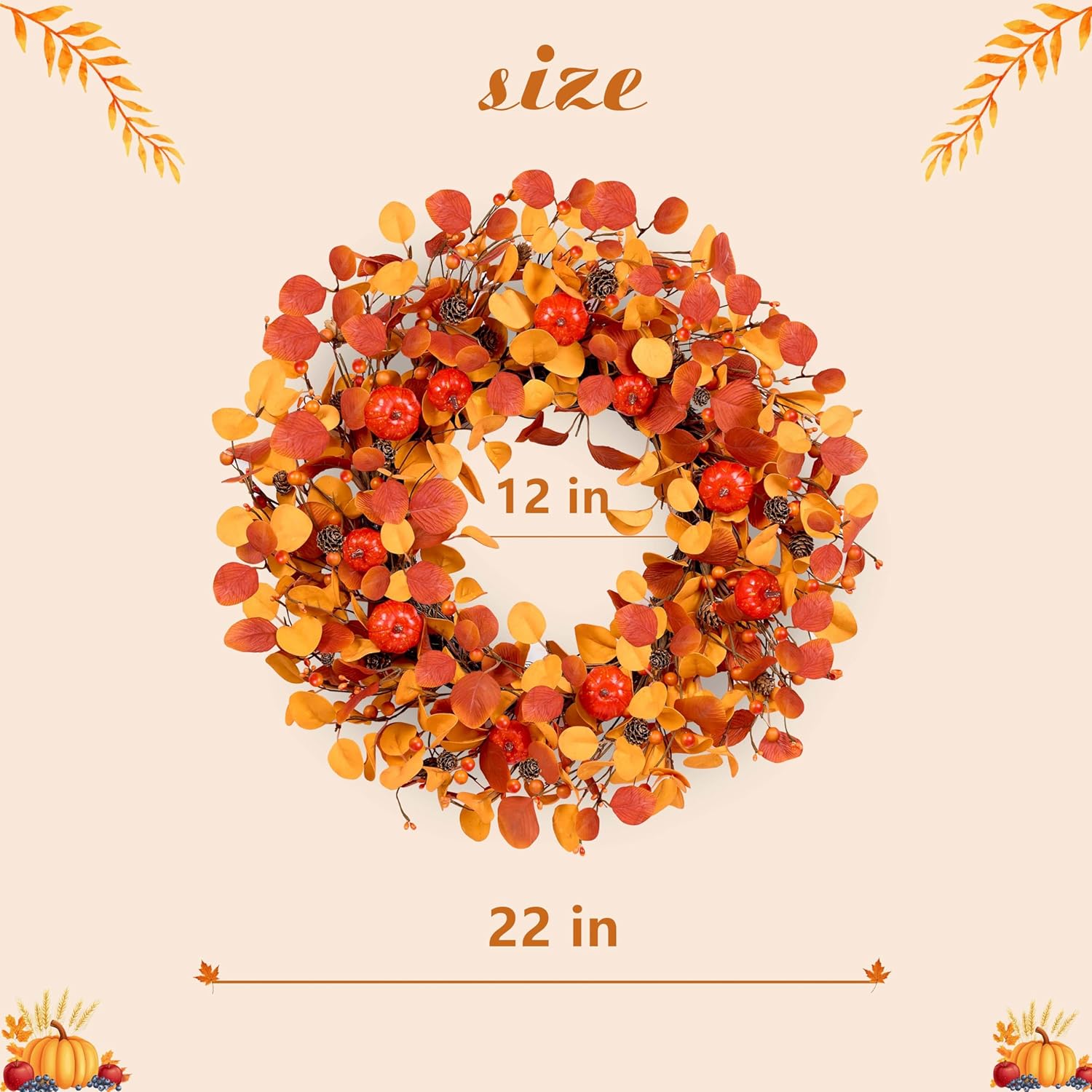 22 Inch Artificial Fall Wreath for Front Door
