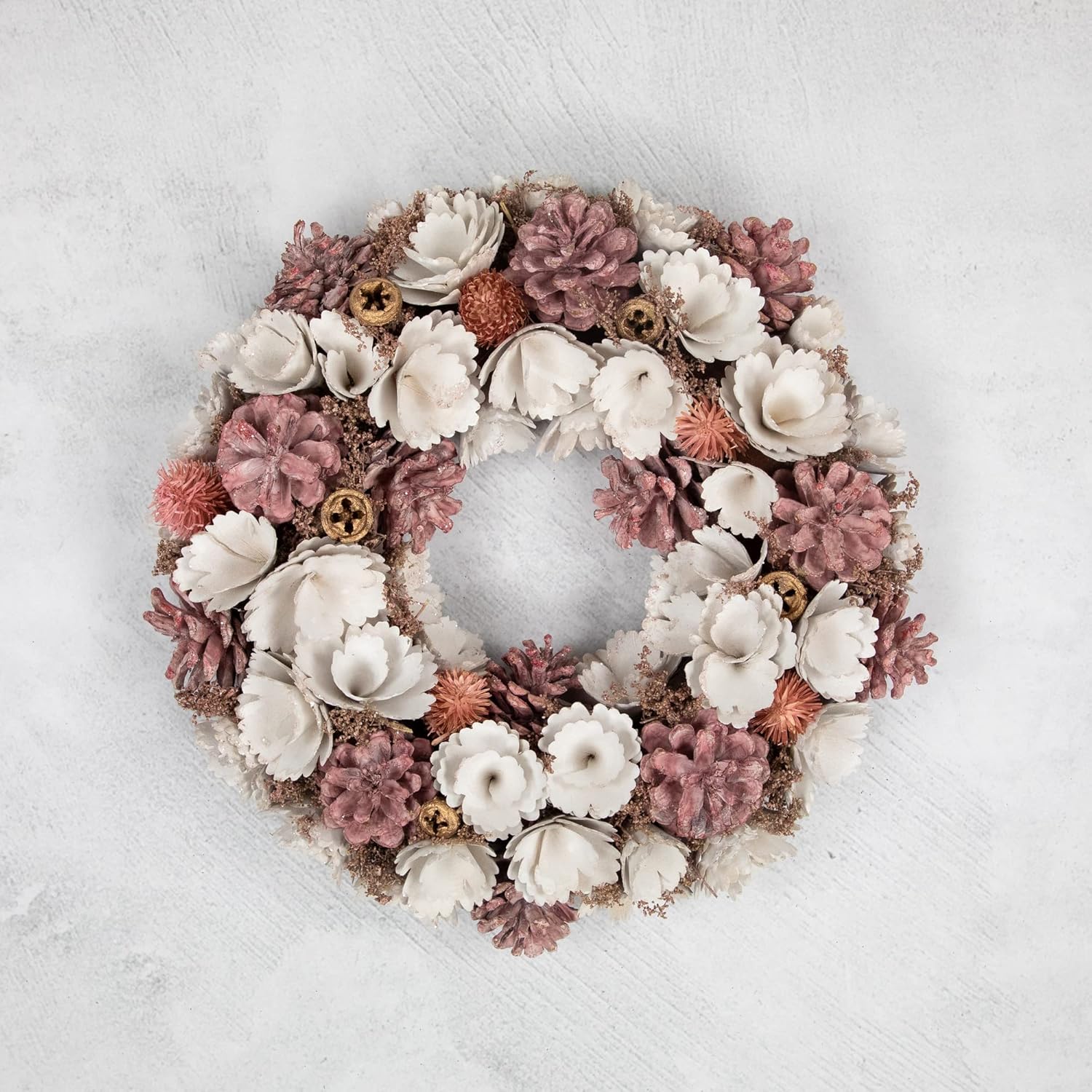 Northlight 13 Inch White Pink Wooden Floral Christmas Wreath with Pinecones