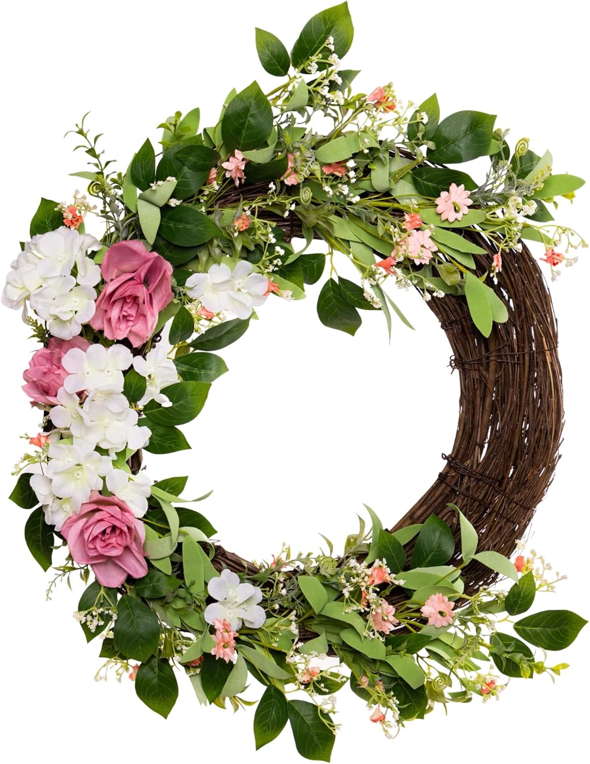 Summer Wreath with White and Pink Roses 24 Inches