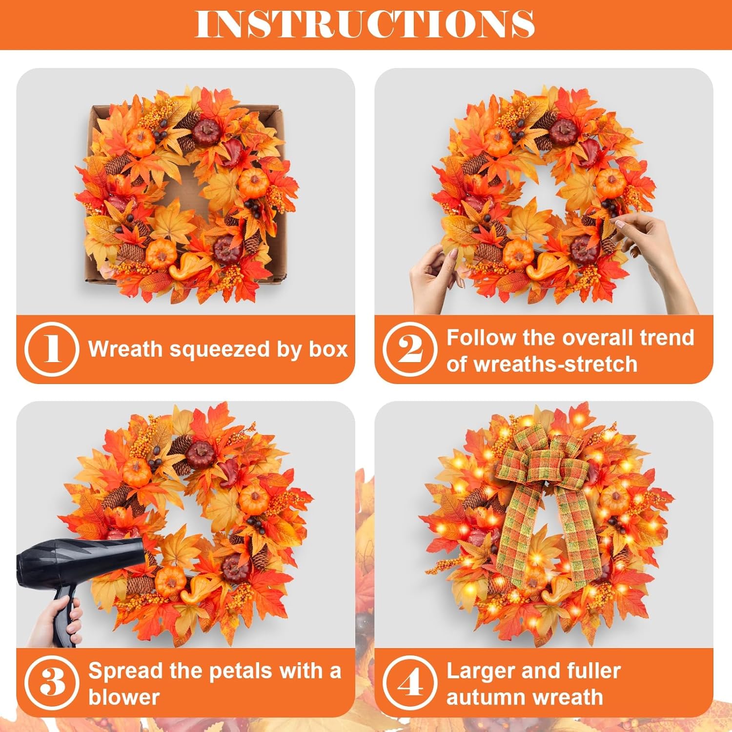Heflashor 24 Inch Fall Door Wreath with Lights