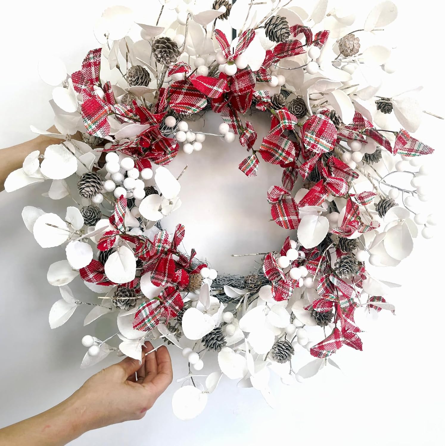 20 Inch White Eucalyptus Wreath with Red Plaid Leaves for Christmas and Winter Decor