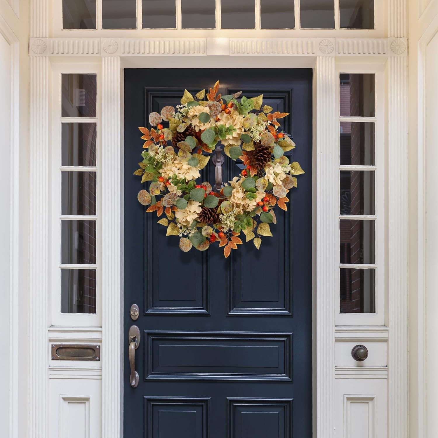 22 Inch Fall Hydrangea Wreath with Eucalyptus Pinecones Orange Berries
