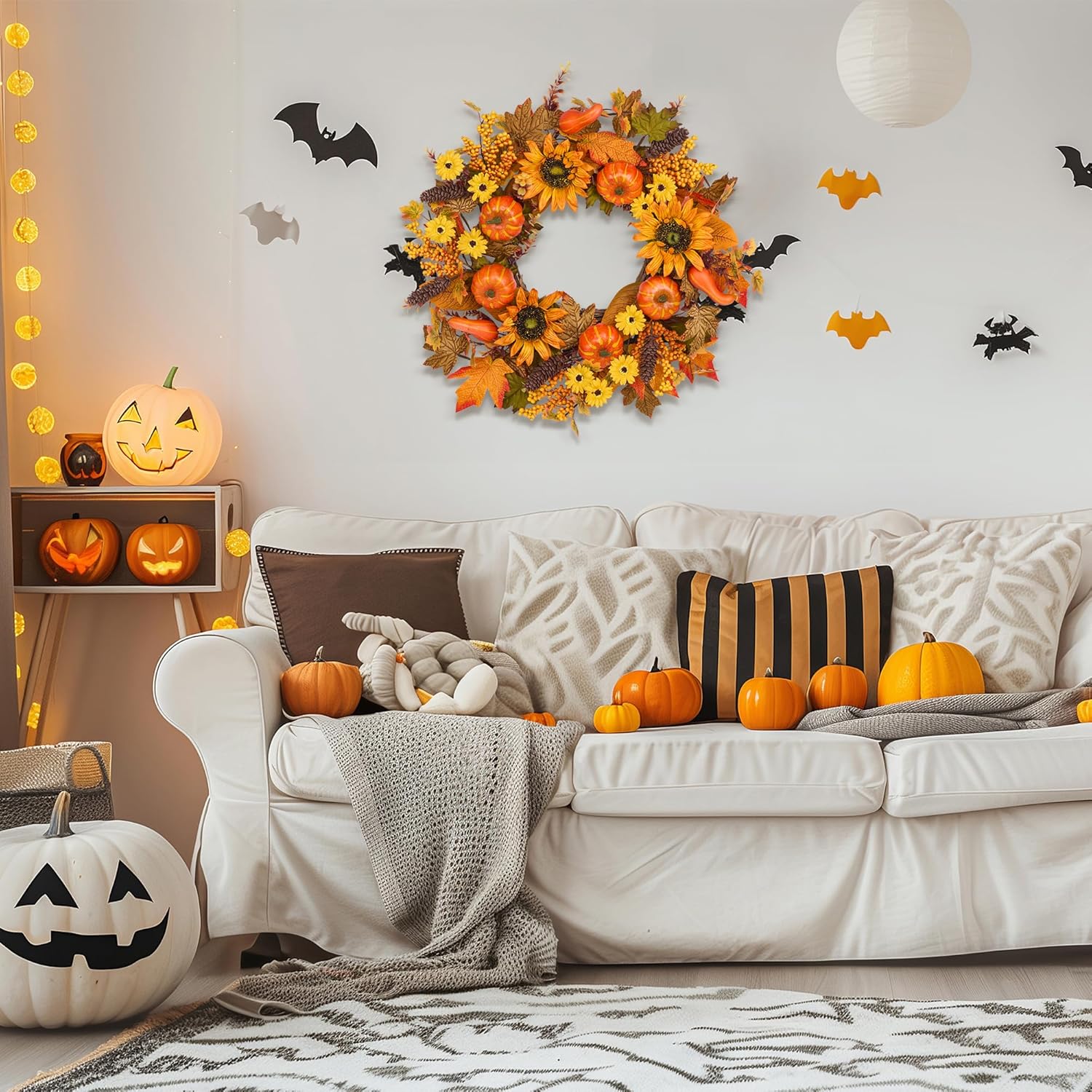 24 Inch Fall Wreath for Front Door Pumpkin Autumn Decor with Silk Leaves