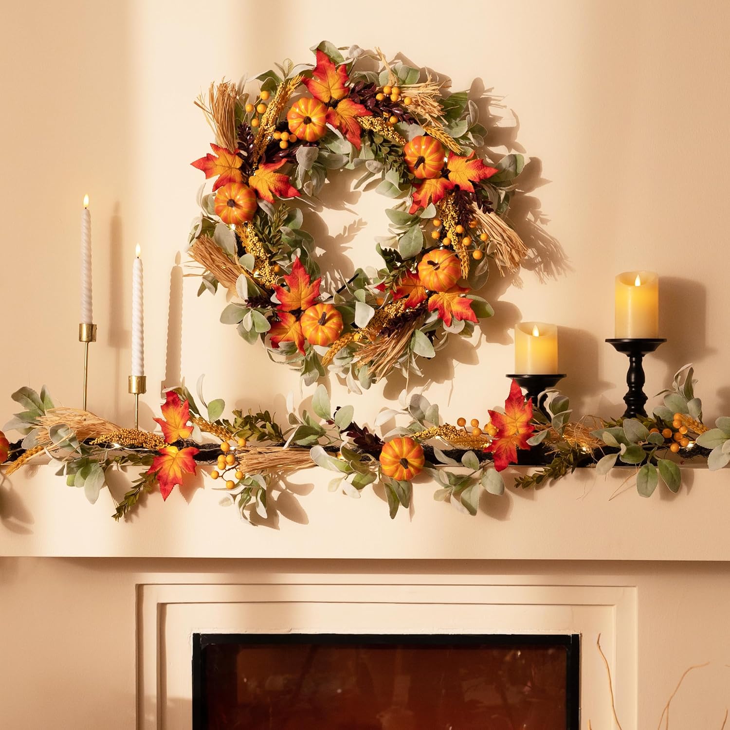 Valery Madelyn 24 Inch Collapsible Fall Wreath with Lights