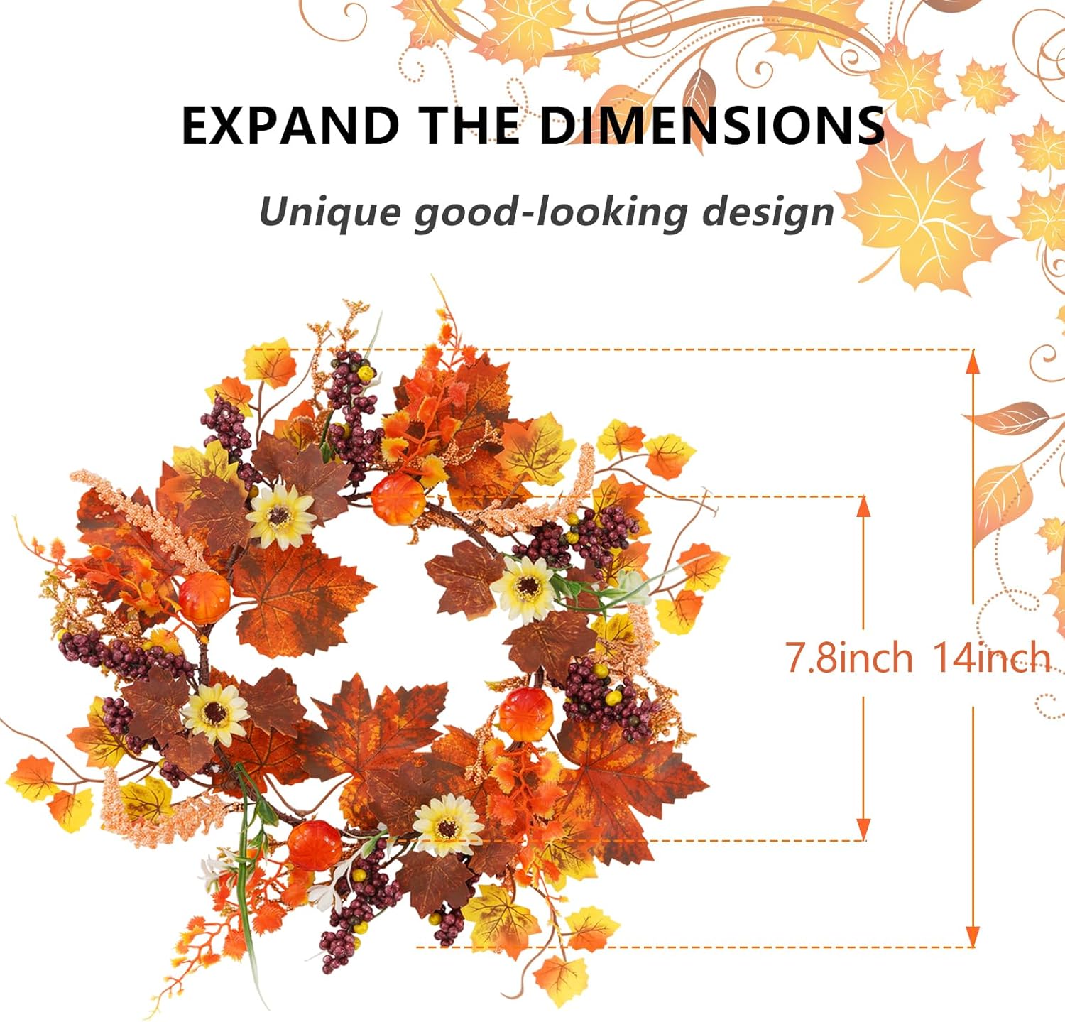 Fall Wreath for Front Door Artificial Autumn Maple Leaf Wreath with Pumpkins Berries 14 Inch Decor