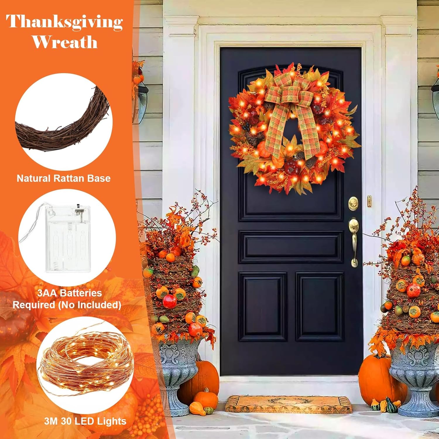 Heflashor 24 Inch Fall Door Wreath with Lights