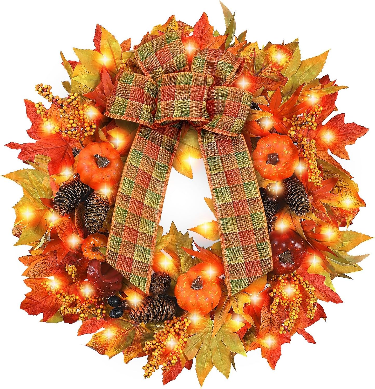 Heflashor 24 Inch Fall Door Wreath with Lights