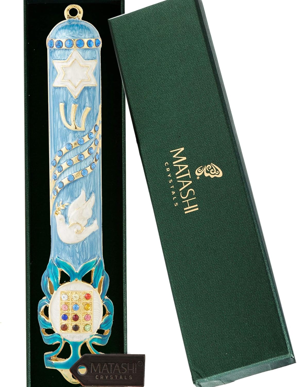 Matashi Blue Dove Mezuzah with Gold Accents and Crystals Door Decor
