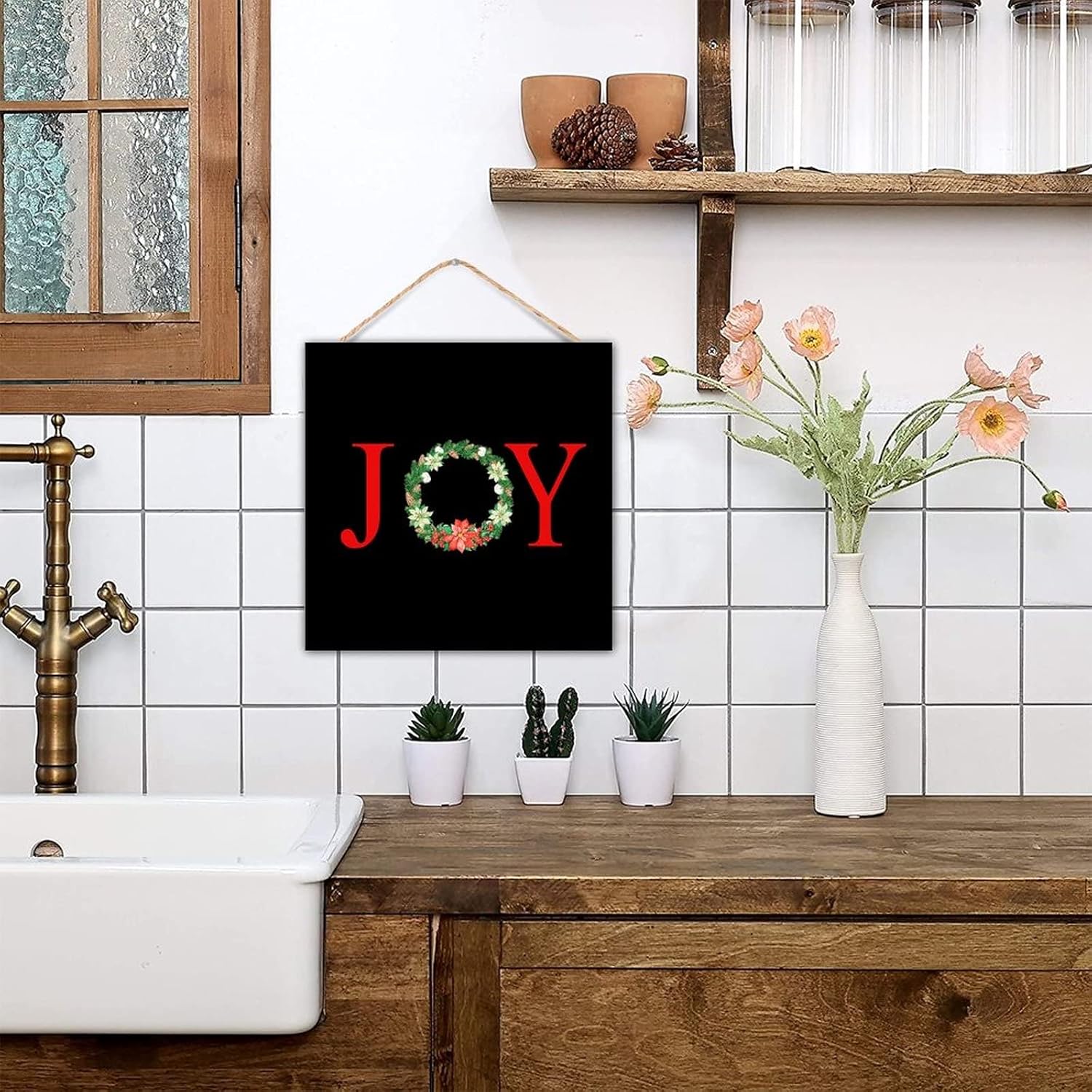 Joy Christmas Botanical Wreath Wooden Sign Door Hanger Decor 12x12in