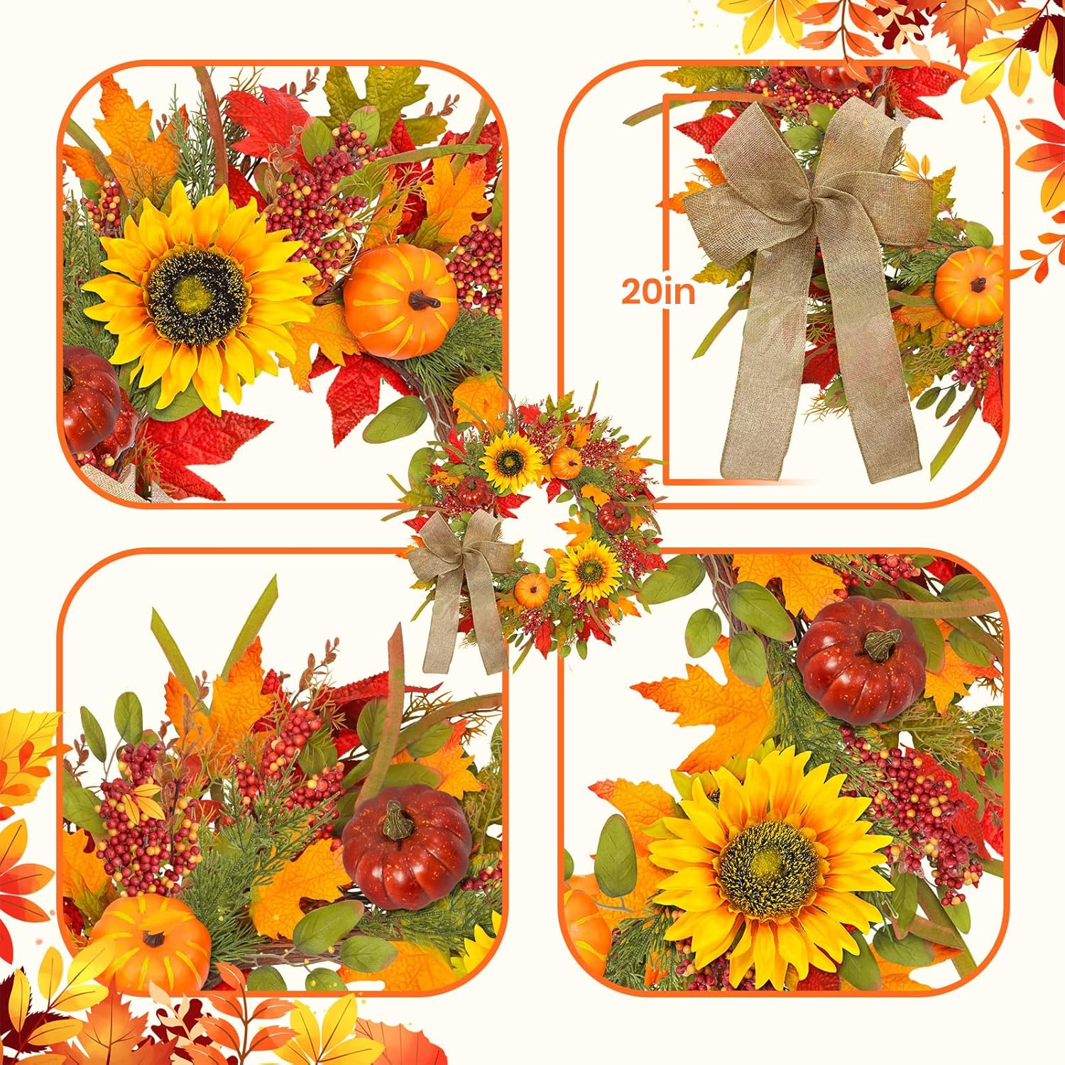 24-26 Inch Fall Wreath with Sunflowers Pumpkins Bows and Berries