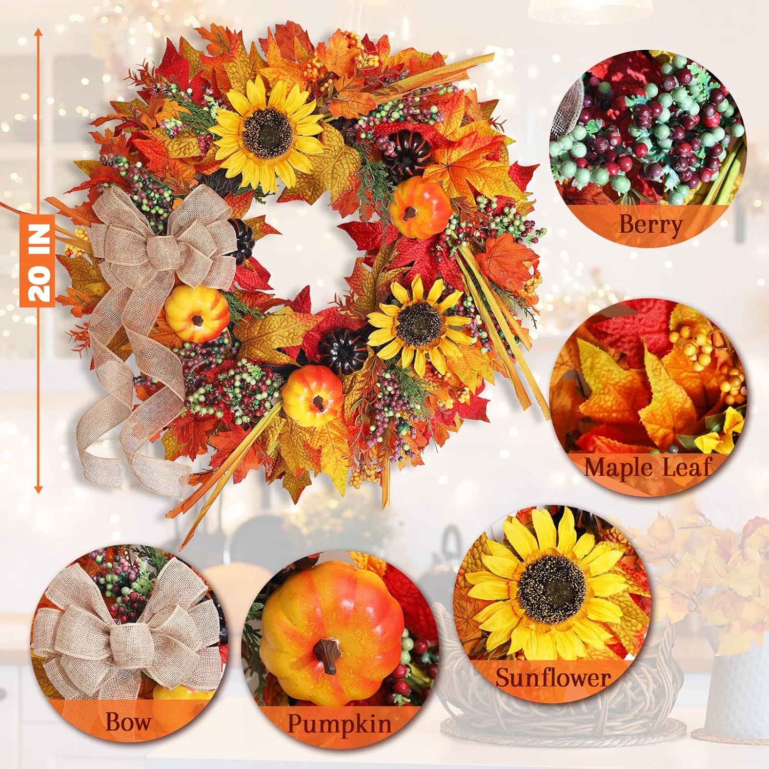 20 Inch Autumn Wreath with Pumpkins and Sunflowers