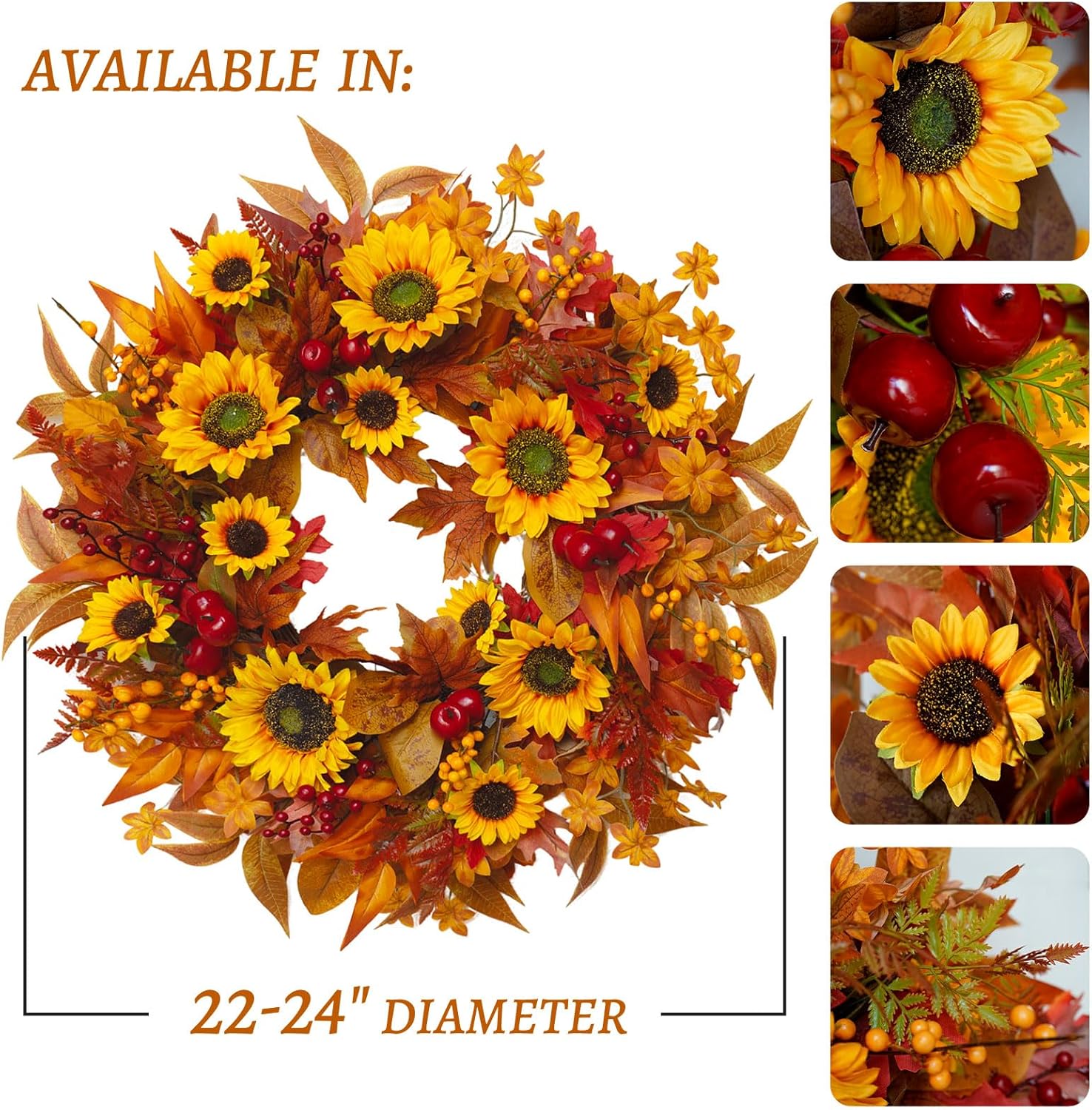 24 Inch Fall Wreath for Front Door - Autumn Decor with Sunflower Berries and Maple Leaves