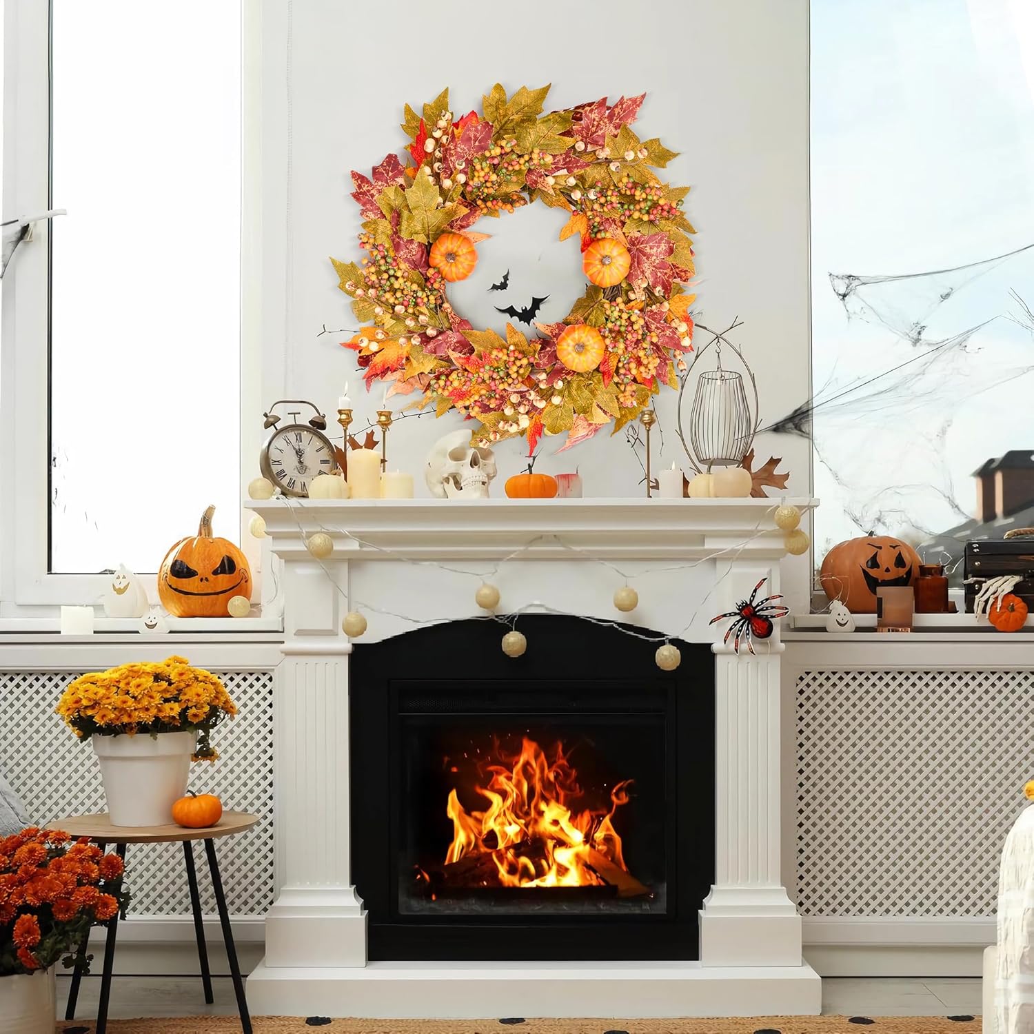 GENMOUS Fall Door Wreath with Pumpkins and Maple Leaves