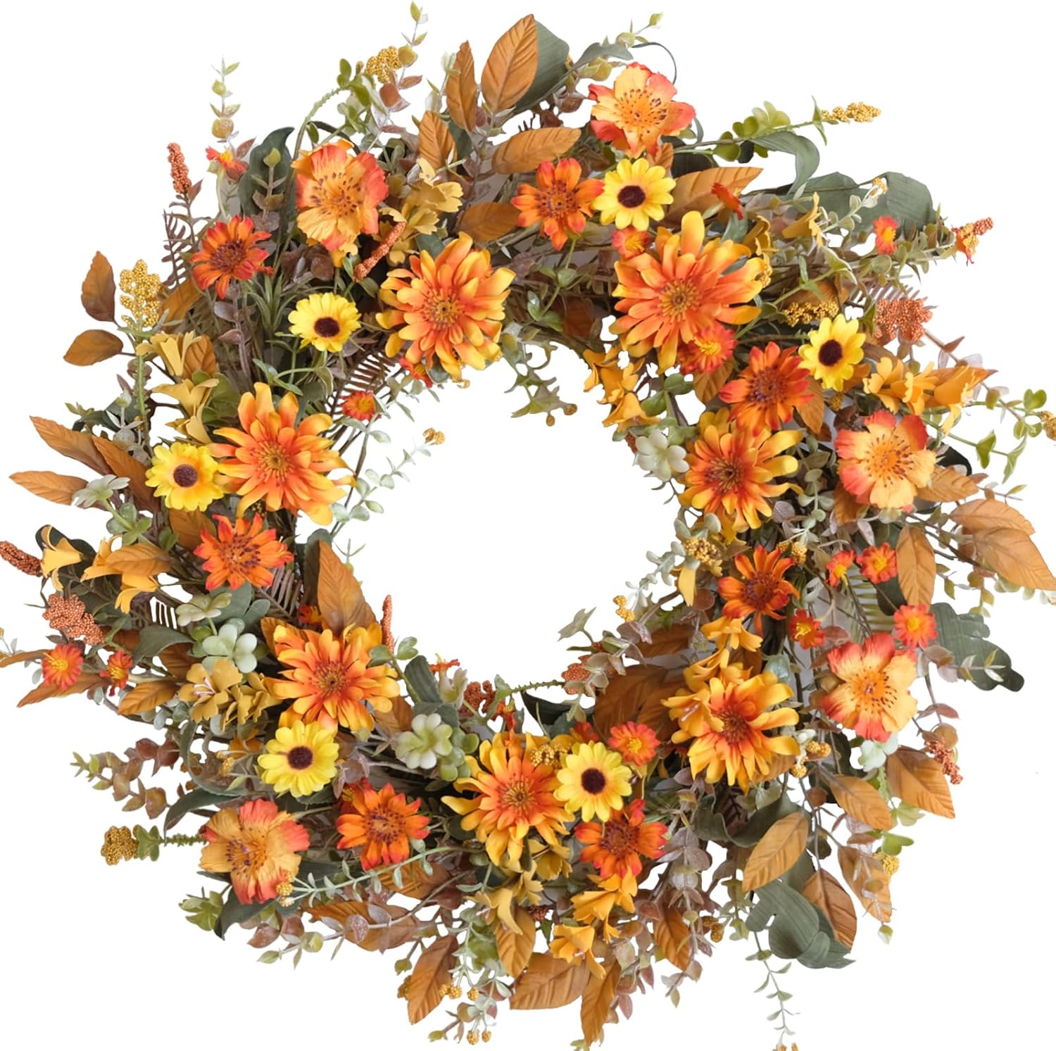 TEMPUS 22 Inch Fall Wreath with Yellow Daisies and Green Leaves - Artificial Wreath for Front Door Thanksgiving Decor