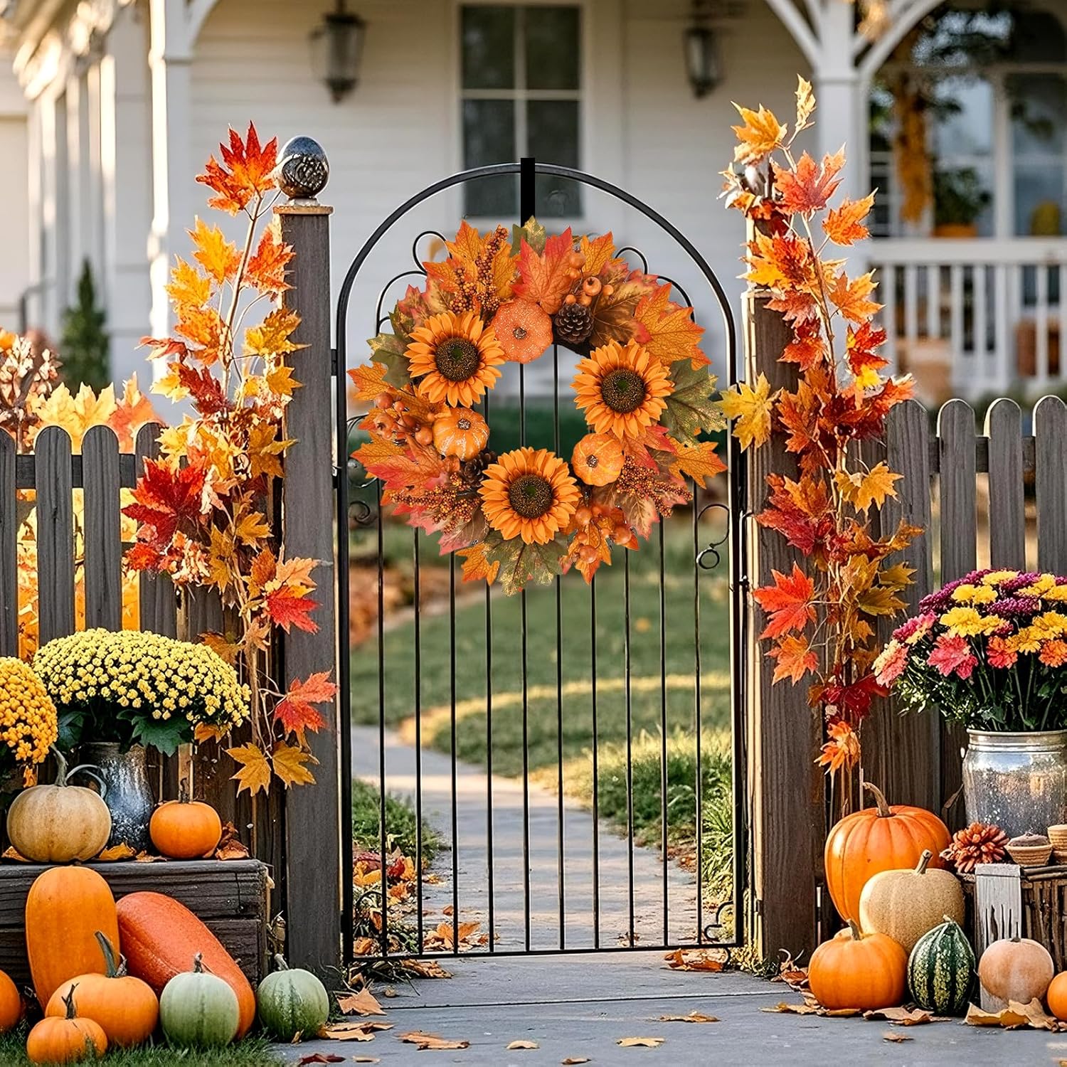 Fall Wreath Front Door 19 Inch Autumn Decor