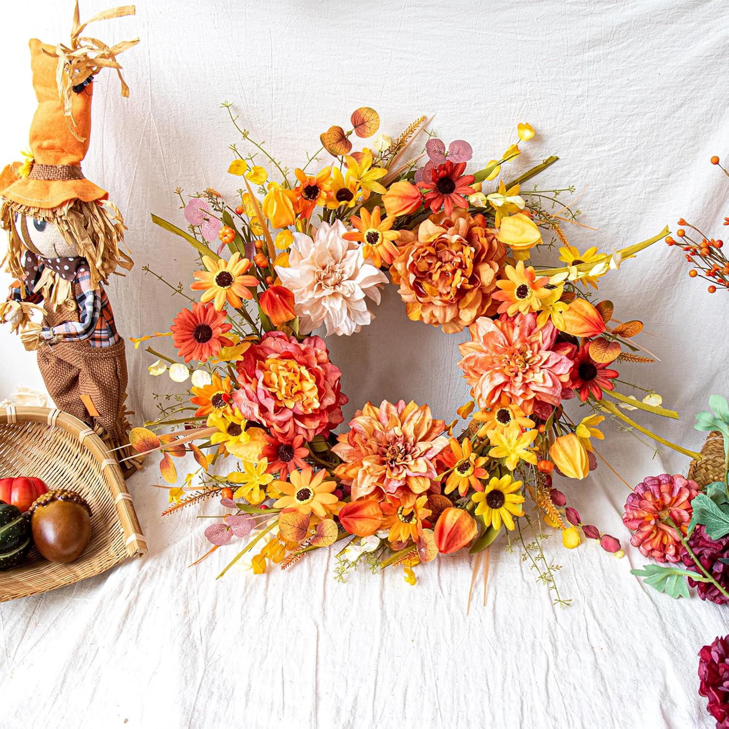 FloralElegance 22 Inch Fall Wreath with Five Dahlias