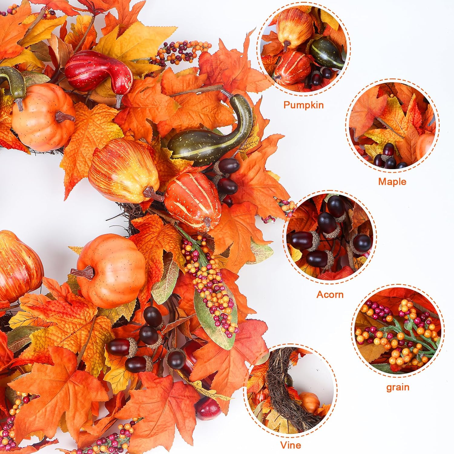 24 Inch Artificial Fall Wreath for Front Door Decor