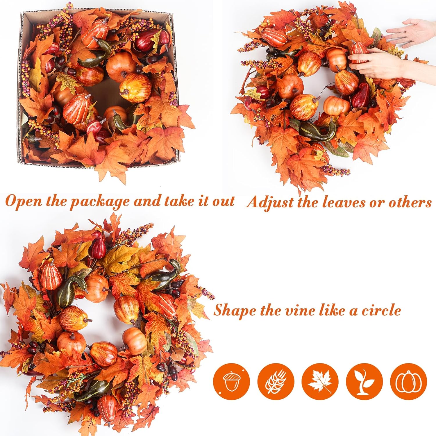 24 Inch Artificial Fall Wreath for Front Door Decor
