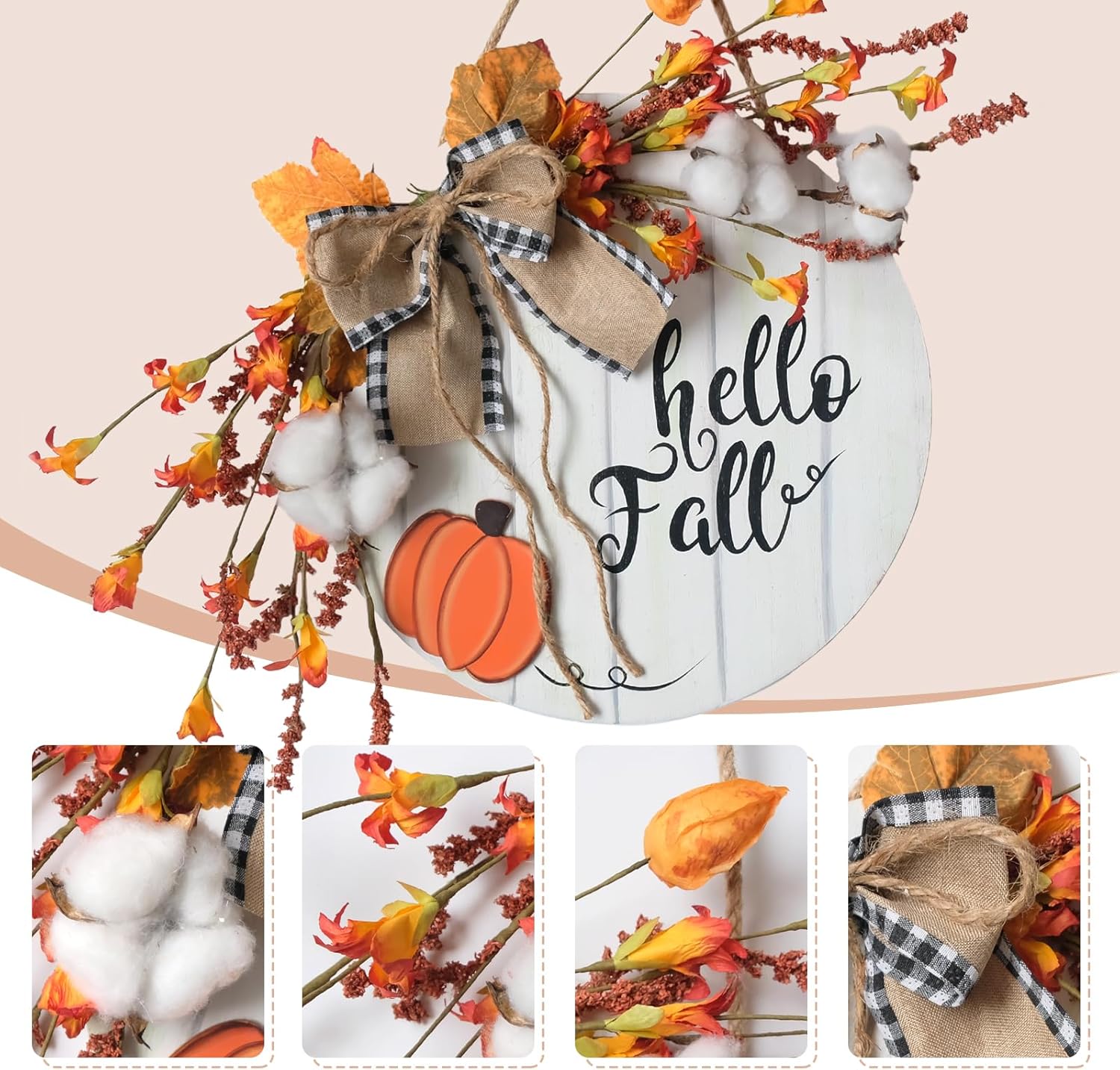 Fall Wreath Wooden Hanging Sign with Burlap Bow and Maple Leaves