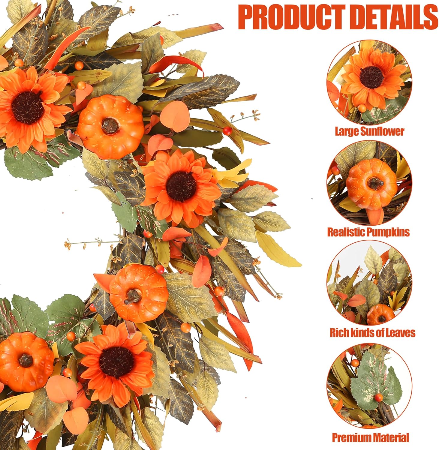 Sggvecsy 24 Inch Fall Wreath with Pumpkins and Sunflowers