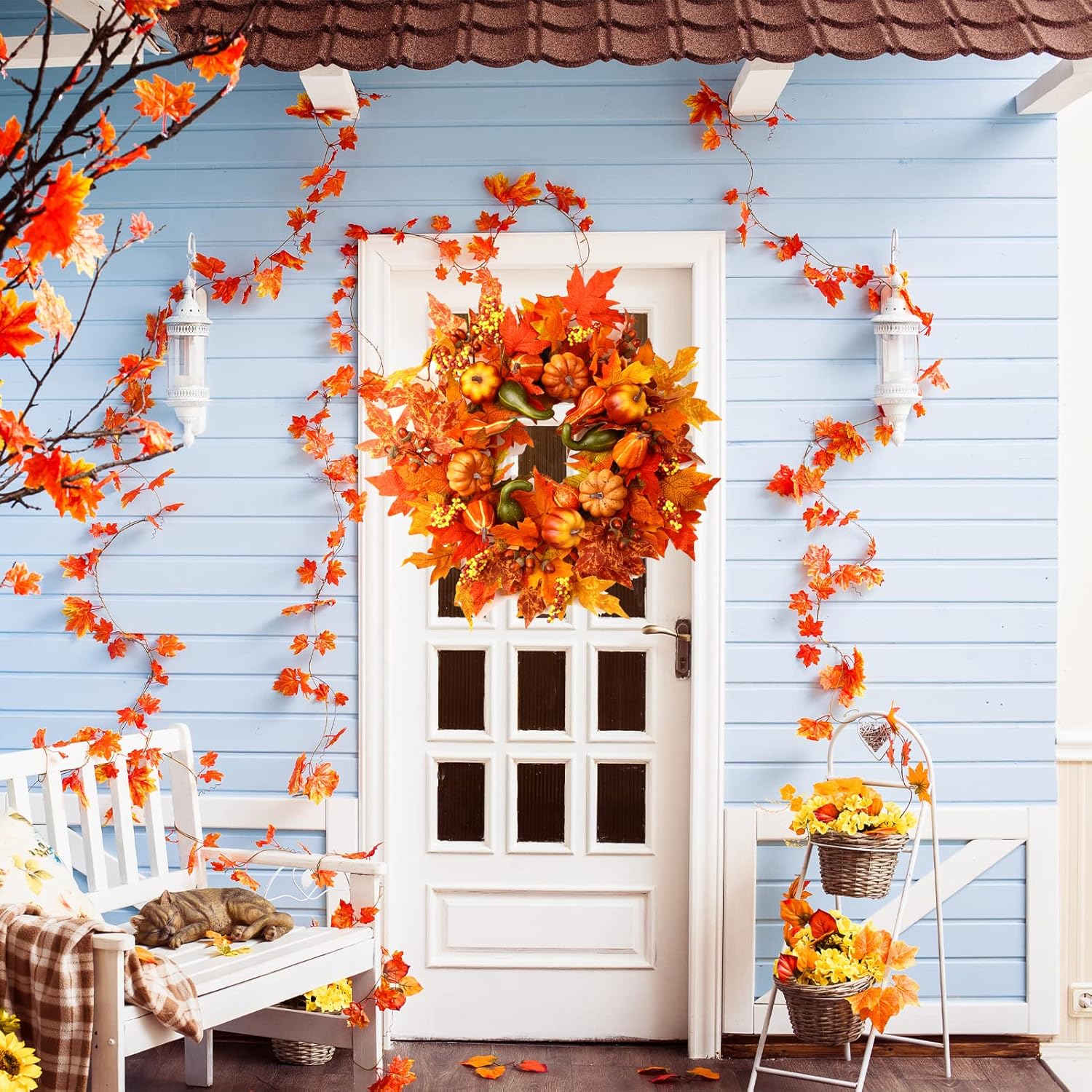 24 Inch Fall Wreath with Pumpkins Berries Maple Leaves